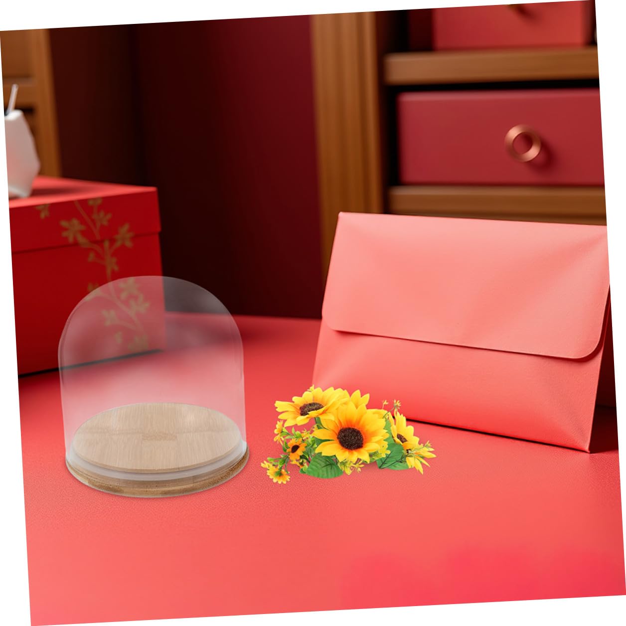 Cloche en verre avec cloche cylindrique en forme de fleur éternelle 15 x 15 cm avec base en bambou pour décoration d'intérieur et vitrine d'objets de collection