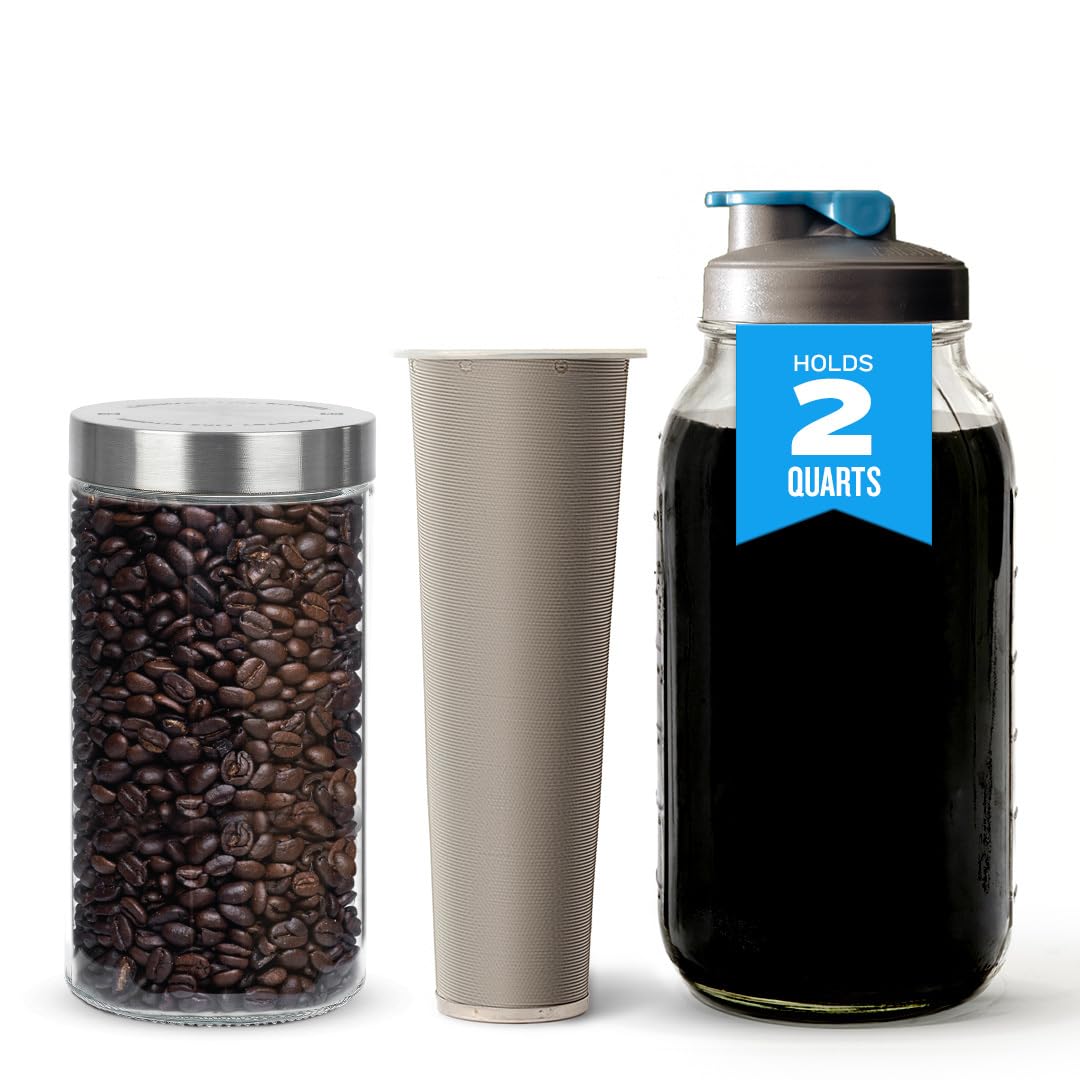 County Line Kitchen 2 Qt Cold Brew Mason Jar Coffee Maker & 54 oz Glass Storage Jar with Screw-On Stainless Steel Lid
