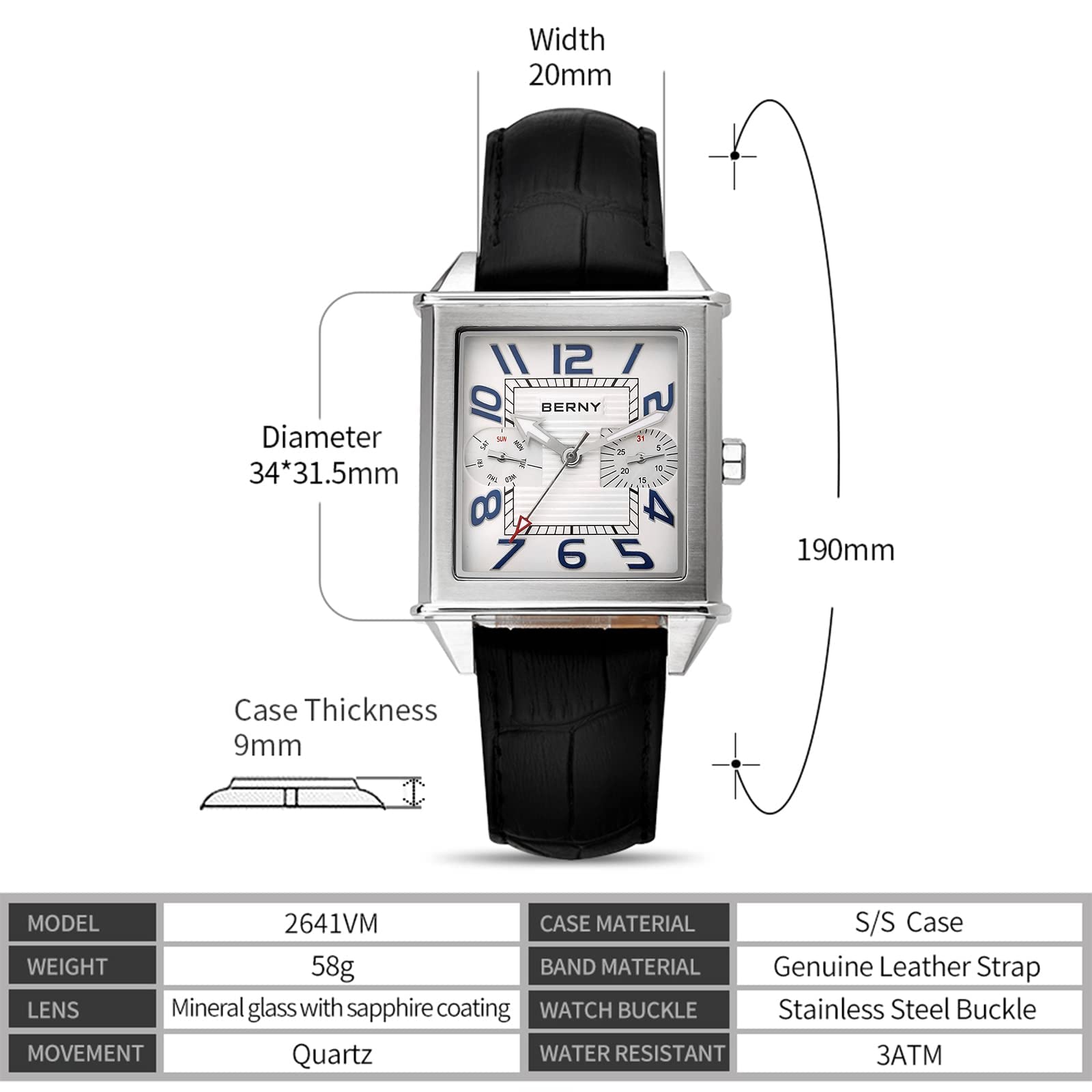 BERNY Montres carrées pour Hommes Mouvement Suisse Montre à Quartz Calendrier rectangulaire Montre à Bracelet en Cuir