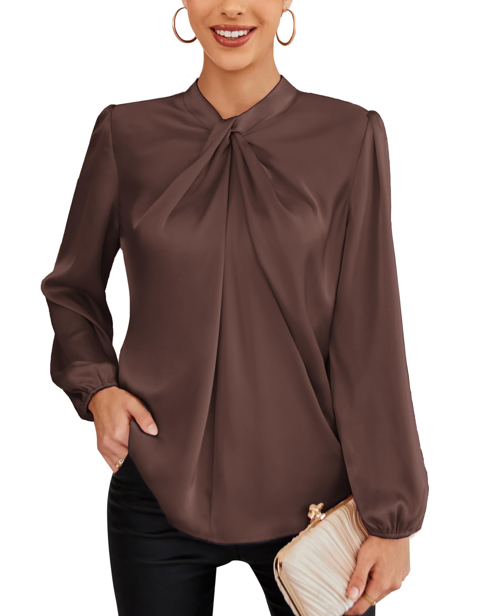 Long Sleeve Blouse for Women UK Elegant Loose Fit Knotted Neck Work Office Daily Tops Shirt