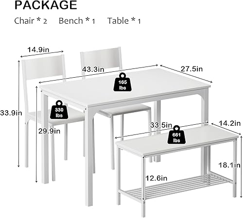 Miniatura 10 de DlandHome Mesa de comedor con 2 sillas y 1 banco para 4 juegos de mesa de comedor Soho y sillas, mesa de comedor rectangular que ahorra espacio con