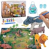 【Pintura de figuras de animales】 Nuestro kit de pintura de animales de bricolaje incluye 15 figuras de animales diferentes (3 de tamaño grande y 12 de tamaño pequeño), 1 tapete de juego, 1 delantal, 1 manga, 2 árboles, 2 tubos de madera, 2 piedras, 2 rocallas, 4 pinturas pinceles, 2 paletas, pintura de 2 colores (incluidas 12 macetas). El kit de pintura artesanal viene con todo lo que los niños de 4 a 8 años necesitan para pintar y crear su propio zoológico.