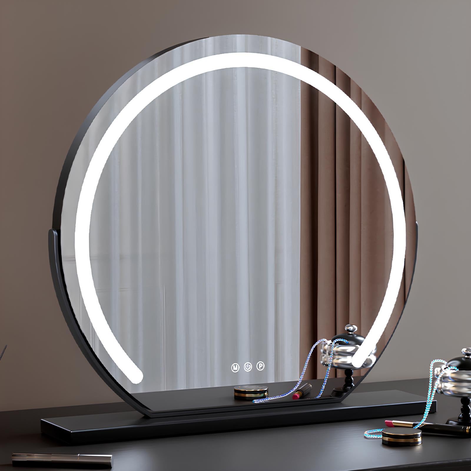 VQWQV Tabletop Illuminated Mirrors, 360° Rotating Makeup Mirror With Lights, Cosmetic Mirror For Vanity Shaving Or Plucking Eyebrow, Touch Switch, 3 Colors Dimmable(Black,40cm/15.7in)