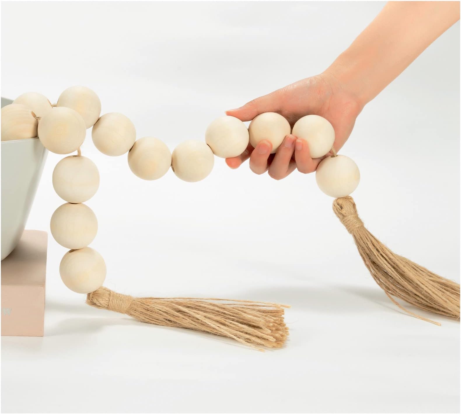 OMISHE Large Wood Bead Garland with 1.6" Diameter Wooden Beads and Tassels, Decorative Beads Boho Decorations for Home, 41" Long Rustic Farmhouse Country Wood Beads Garland for Home Tiered Tray Decor