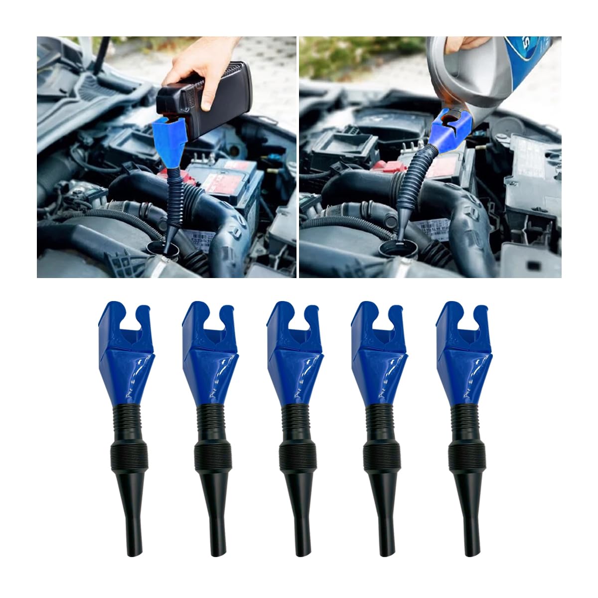 AICEL Retractable Auto Fuel Funnel, 5 Pcs Plastic Flexible Draining Tool Funnel for Cars and Motorcycles, Automotive Wide Mouth Snap Funnel for Engine Oil, Liquid, Diesel, Gasoline and More (Blue)