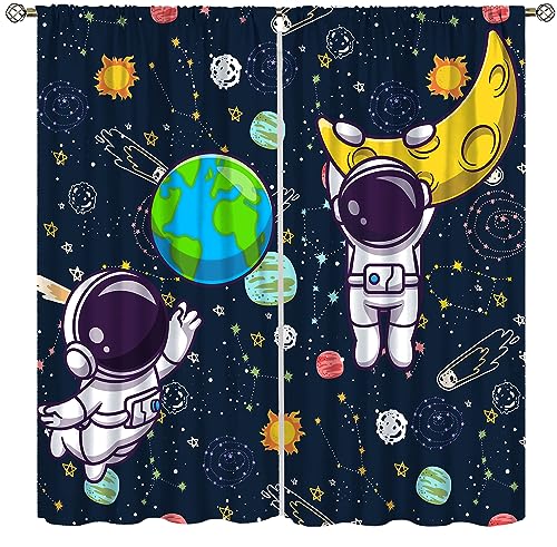 Astronaut Curtains for Boys Bedroom,Space Cartoon Funny Spaceman with Earth Moon Rod Pocket Window Treatment Insulated Drapes Decor Curtain for Bedroom Living Room Nursery 21x45in,2 Panel Set