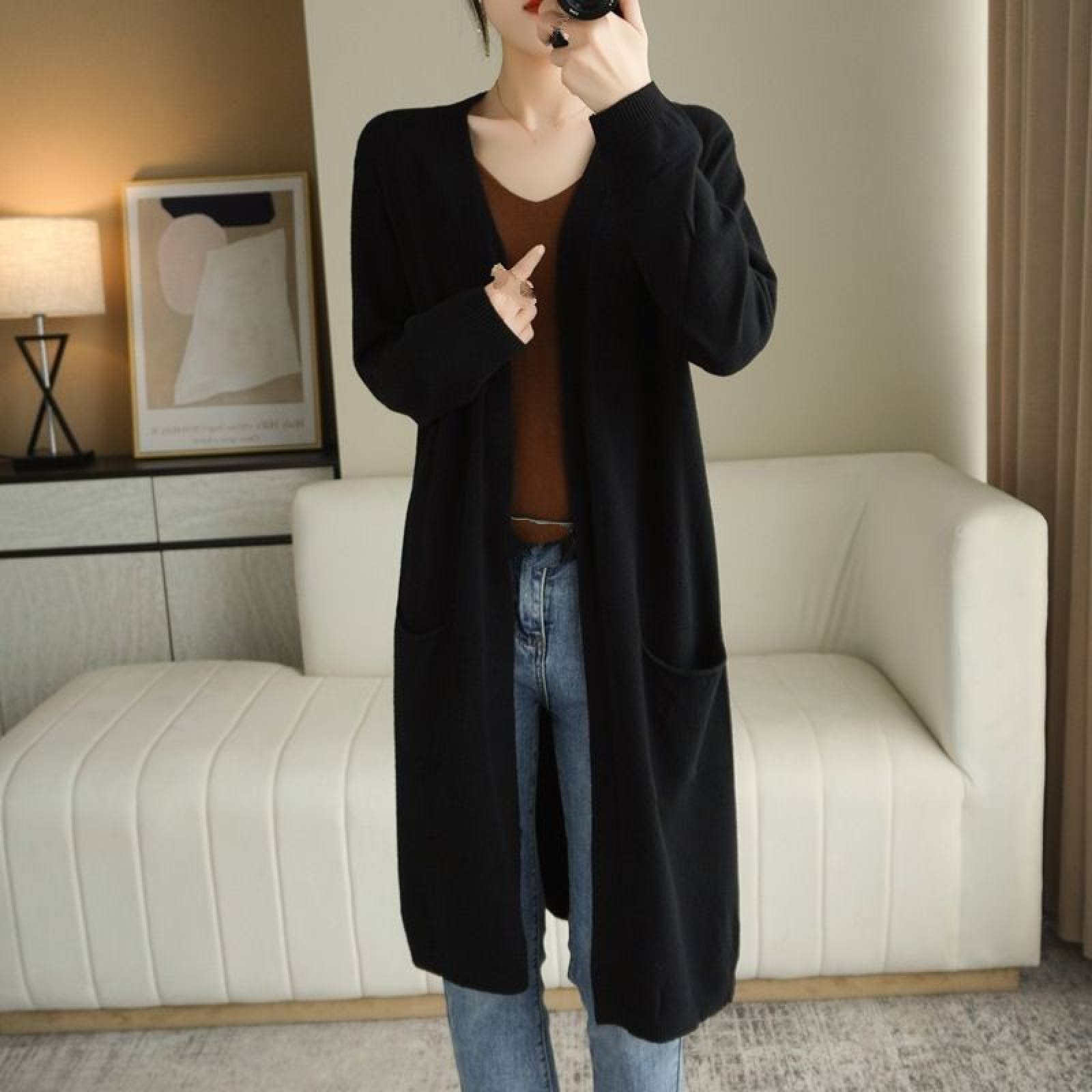 Suéter De Chaqueta De Punto Hueco De Manga Larga Para Damas - Suéter Clásico De Abrigo De Corte Cardigan Elegante, Cárdigan De Punto Redondo De Cachemira De Cachemira De Otoño, Suéter De Jersey