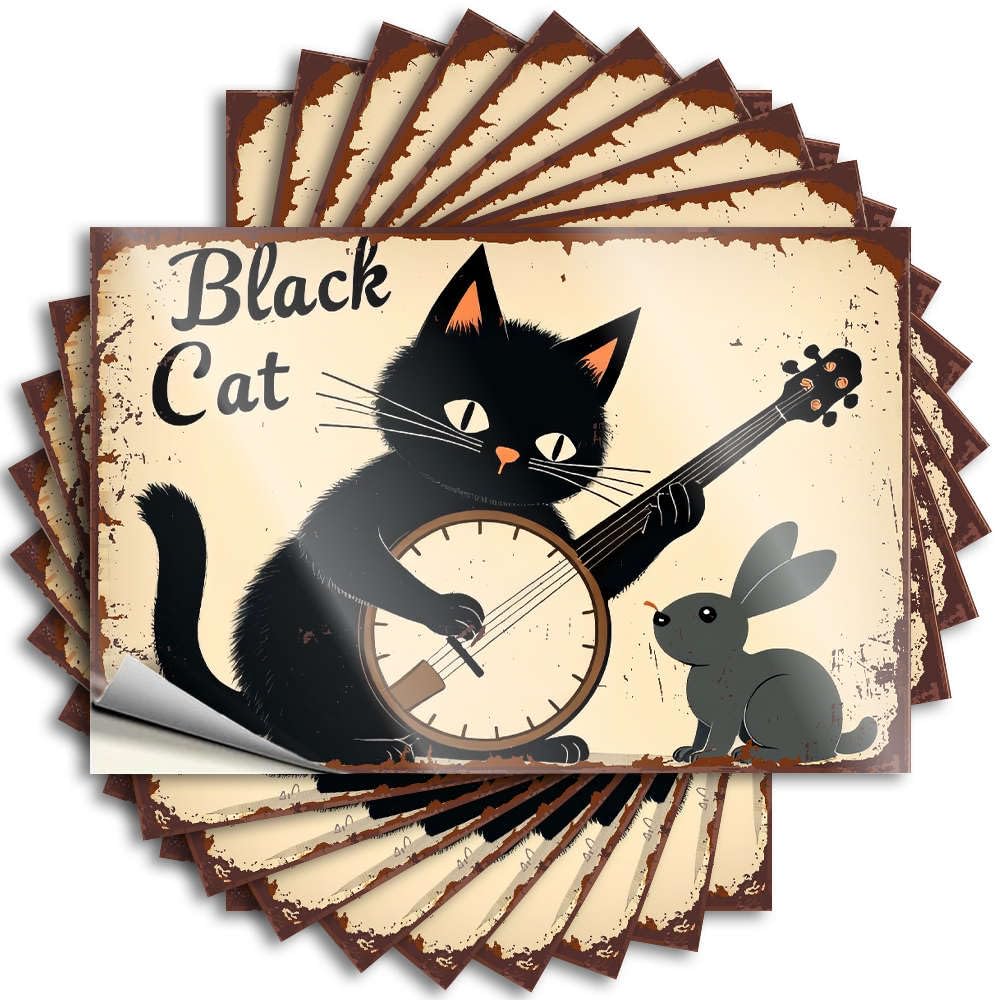 Xybh Colour Funny Bumper Stickers A Black Cat Playing A Banjo With A Rabbit Nearby. Stickers 10Pcs Inappropriate Stickers Sticker For Cars(6X9cm)