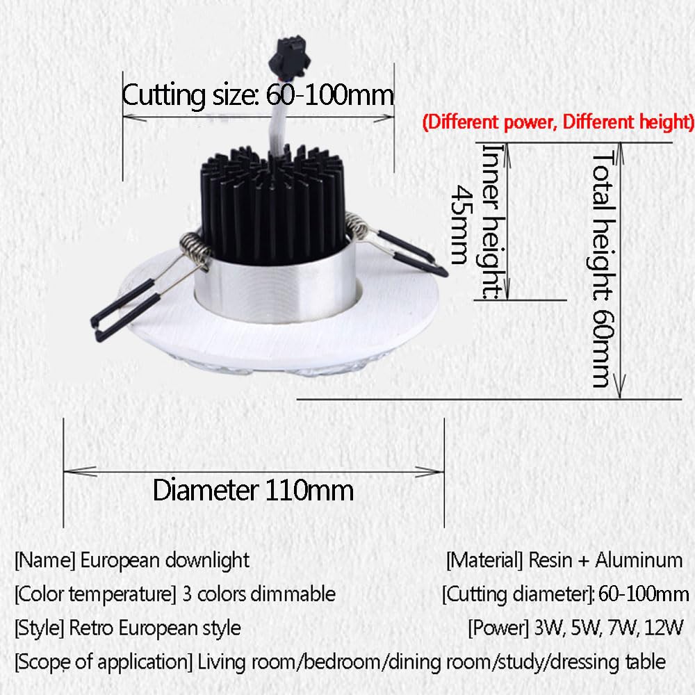 Downlight LED empotrable Plateado Regulable de 4,3 Pulgadas con embellecedor difusor, 3 temperaturas de Color Ajustables (3000K/4000K/6000K), luminaria Redonda para Techo, IDE,5W