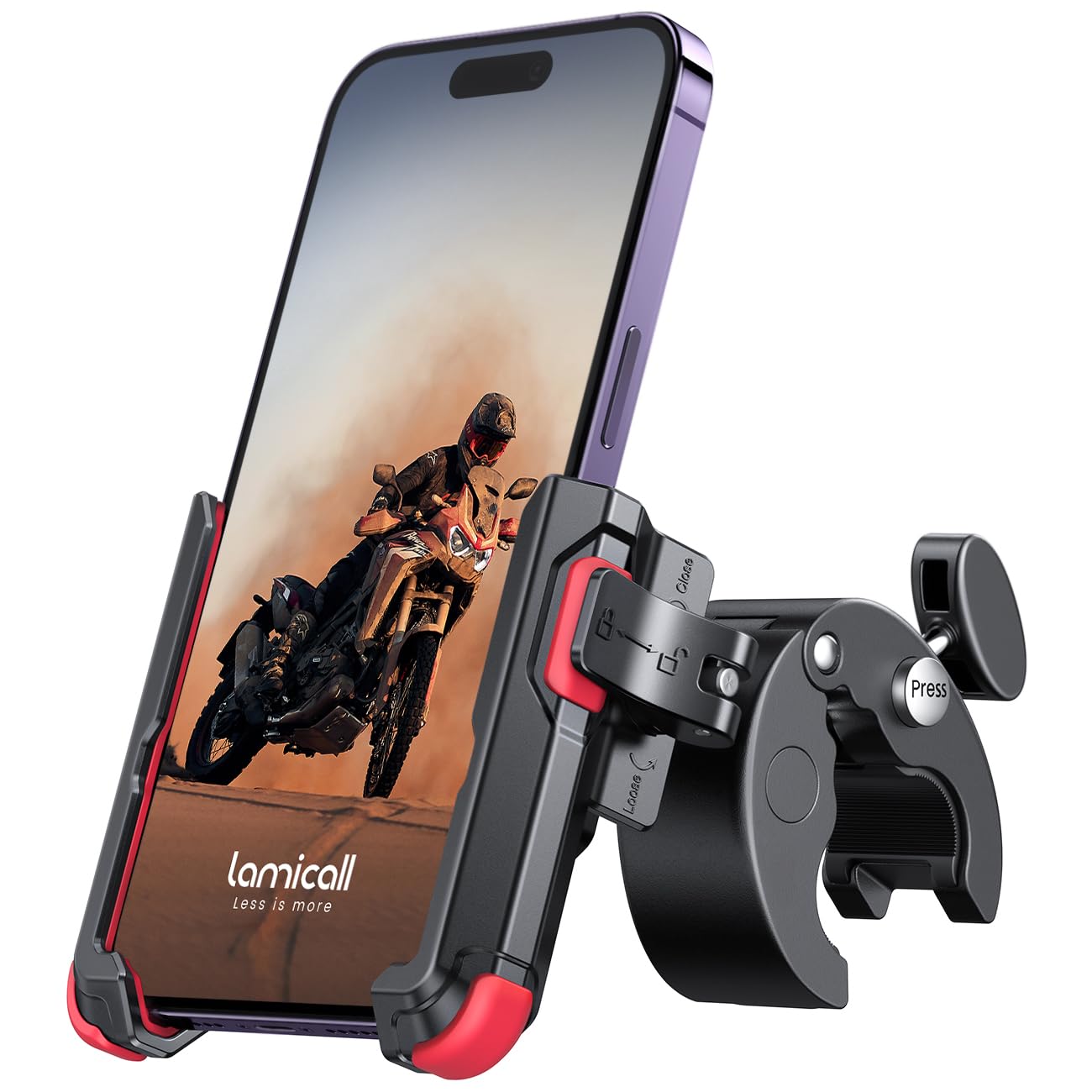 Lamicall Motorcycle Phone Mount Holder - [Camera Friendly] [1s Lock] Bike Phone Holder Handlebar Clamp, Bicycle Scooter Phone Clip, for iPhone Air, 17, 16, 15 Pro Max, Galaxy, 4.7-7" Phones, Red
