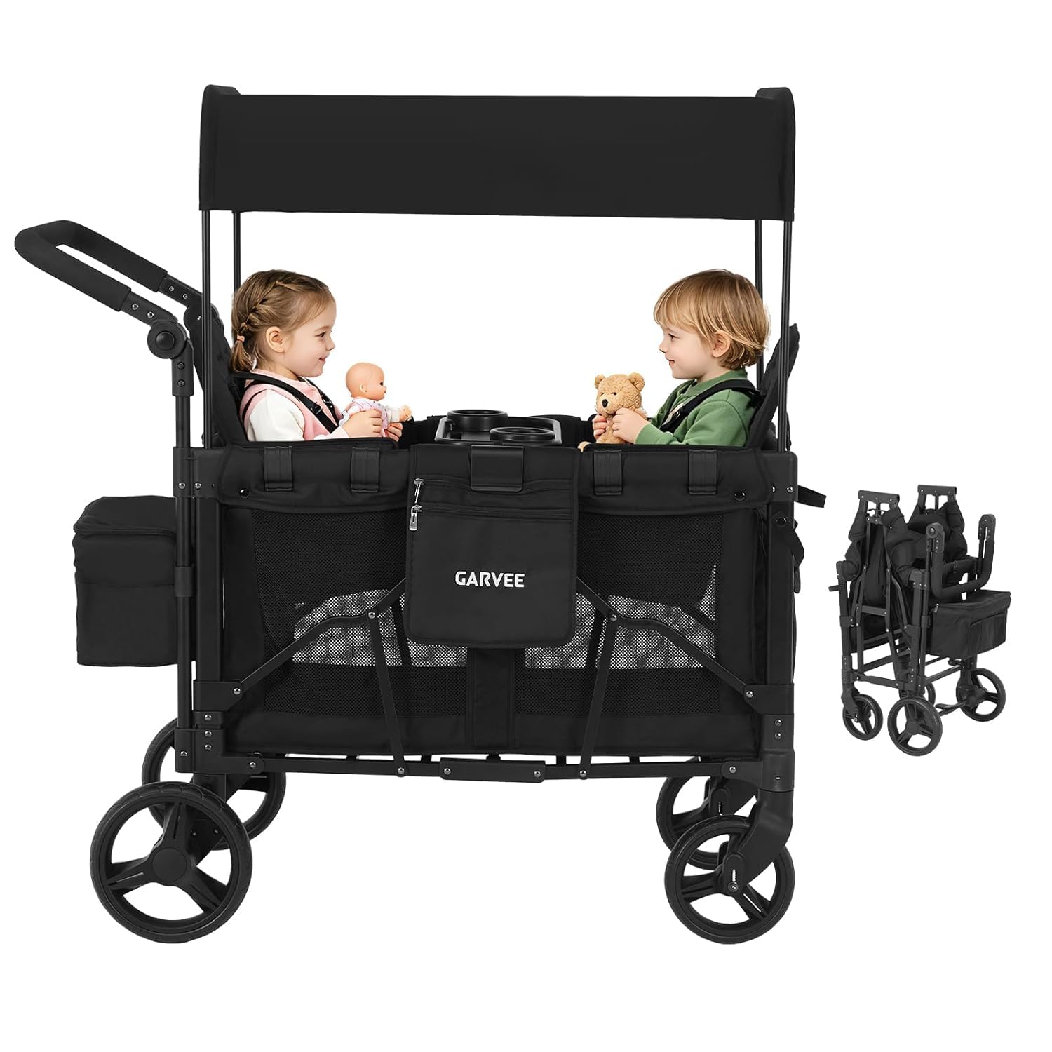 Garvee Chariot Enfant Pliable, Chariot de Jardin 4 Roues XXL pour 2-4 Enfants, Poussette à Tirer ou Pousser avec Frein à Pied & Toit UV, Compact pour Transport, Plage, Forêt