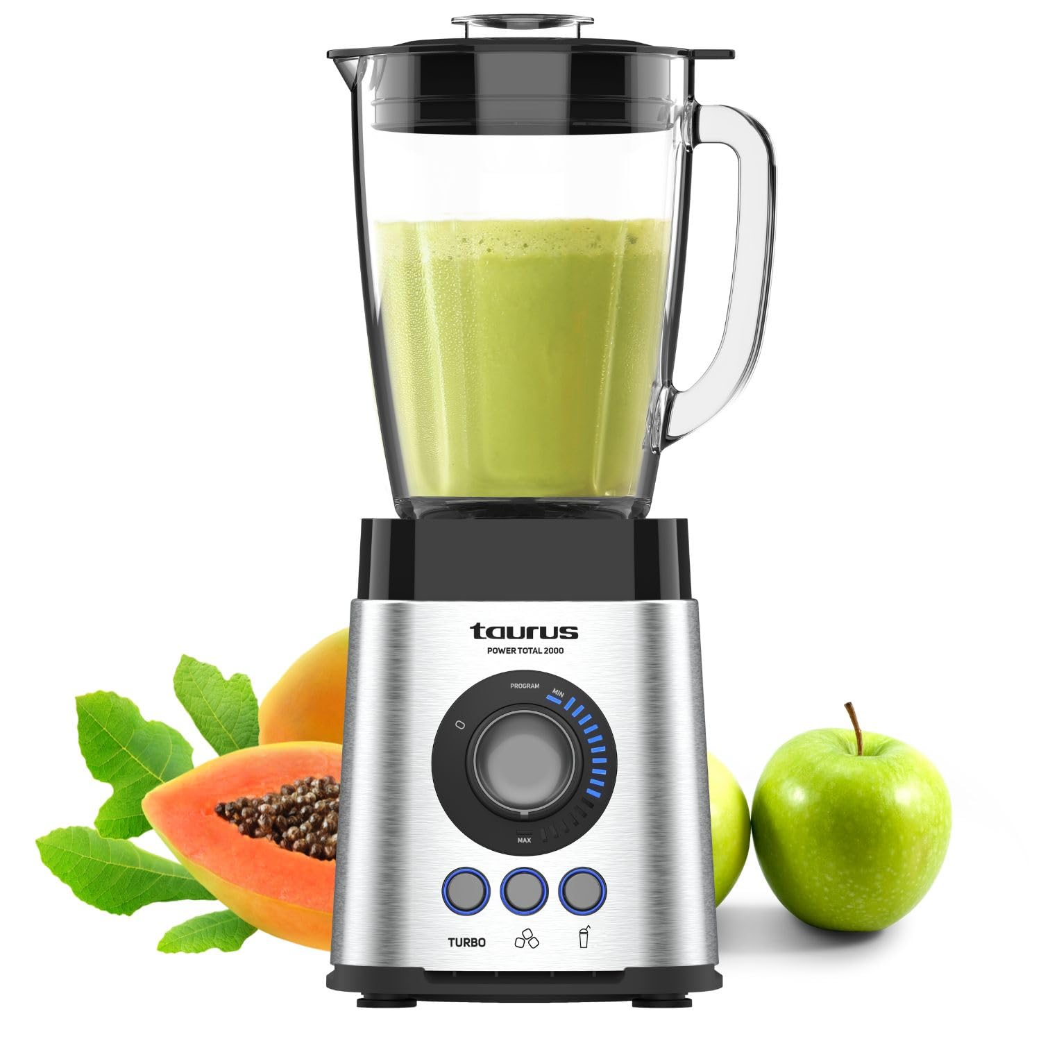 Taurus - Power Total Batidora de Vaso | 2000W Potencia | Jarra de Cristal 2,2L | Cuchillas de 6 Filos | Programas Turbo | Smoothies | Pica Hielo