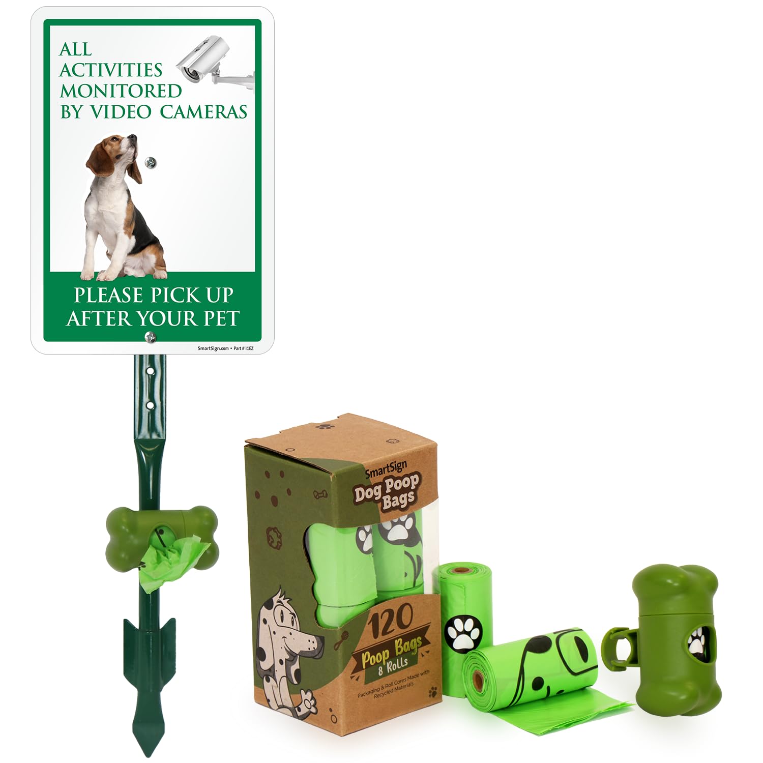 SmartSign Pick Up After Pet Monitored By Video Cameras Yard Sign & Clip-On Preloaded Dispenser Combo/Kit with 135 Dog Poop Waste Bags, 7
