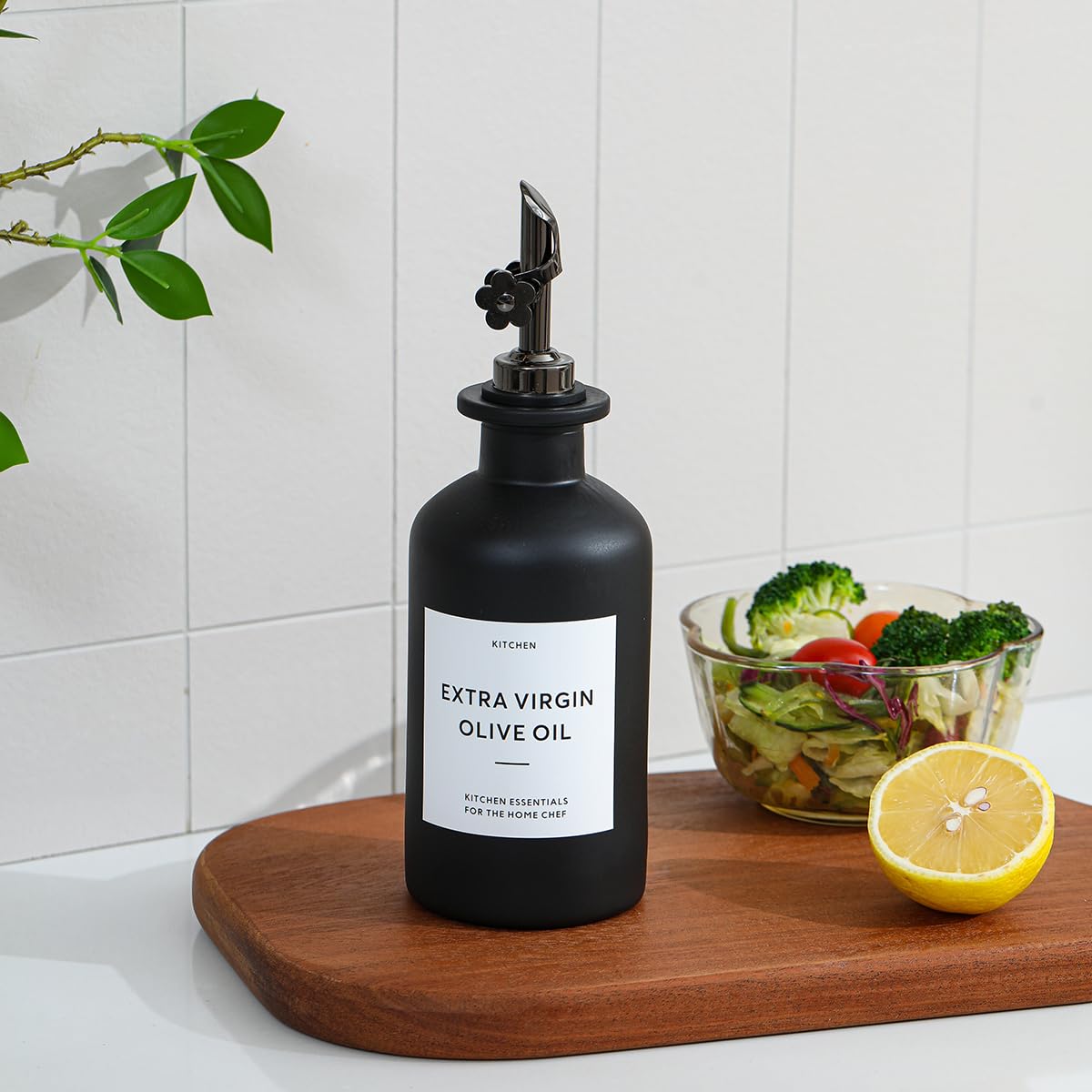 HOMCDALY Olivenölspender für die Küche, 340 ml, Glas-Küchenspenderflasche, schwarzes Öl- und Essig-Set, auslaufsichere Olivenölflaschen, 340 ml, Schwarz