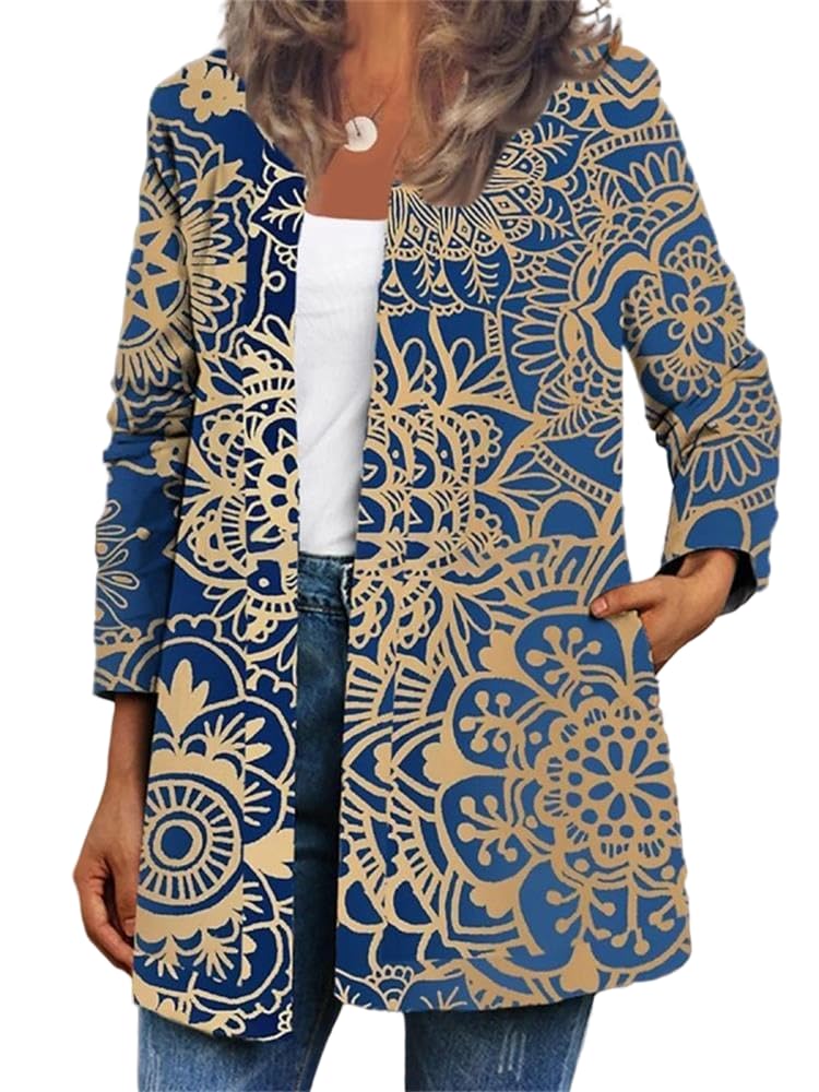Womens Boho Vintage Ethnic Printed Long Sleeve Open Front Cardigan Fall Winter Casual Oversized Coat with Pockets