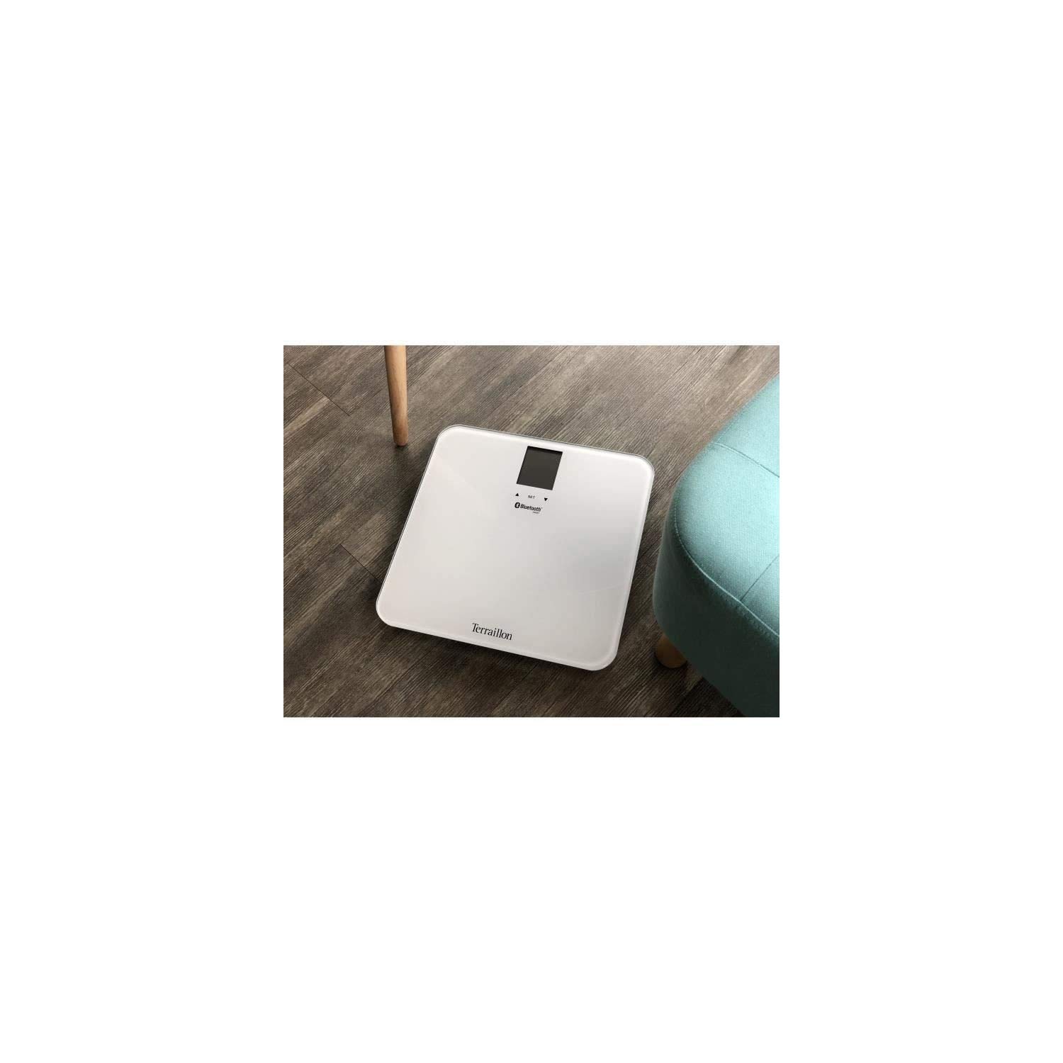 Terraillon Pèse Personne Connecté, Pour Smartphone/Tablette, Indice de Masse Corporelle, 8 Mémoires Utilisateurs, Bluetooth Smart, 160kg, Web Coach Form, Blanc