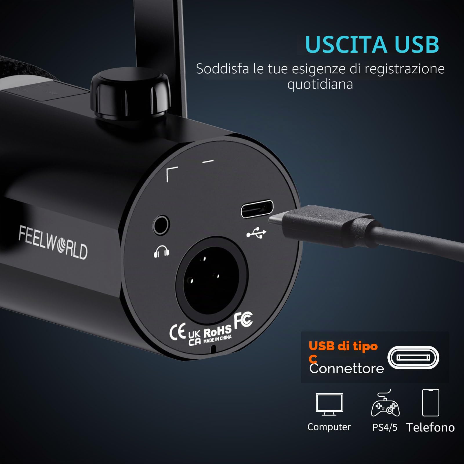 FEELWORLD PM1 - Microfono dinamico XLR USB per podcasting, gaming, live streaming, con cavo XLR e base in metallo