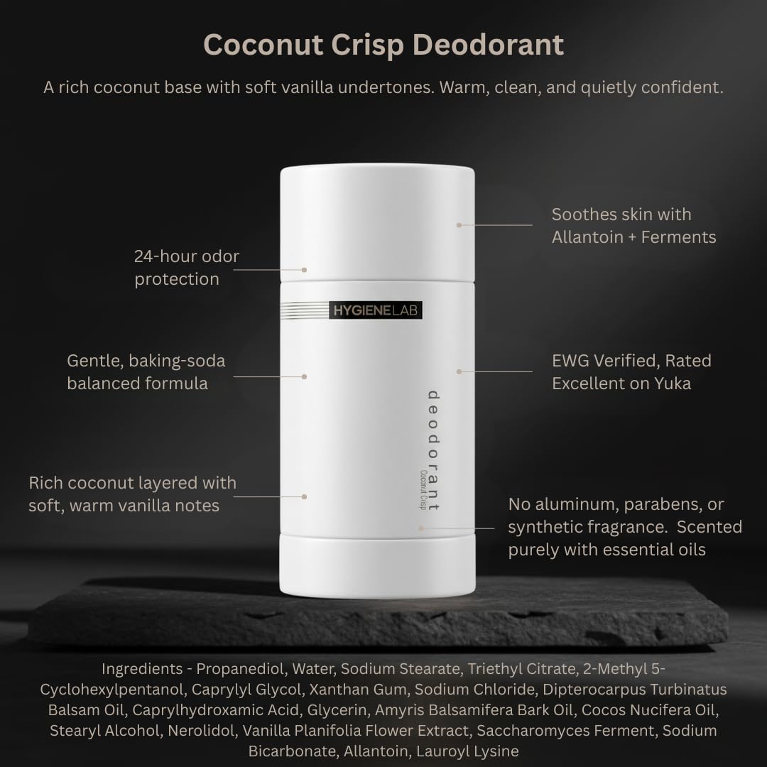 HygieneLab Men’s Deodorant – Aluminum-Free, 24-Hour+ Odor Protection, EWG Verified, Smooth Glide Application, Scented purely with essential oils, Coconut Crisp