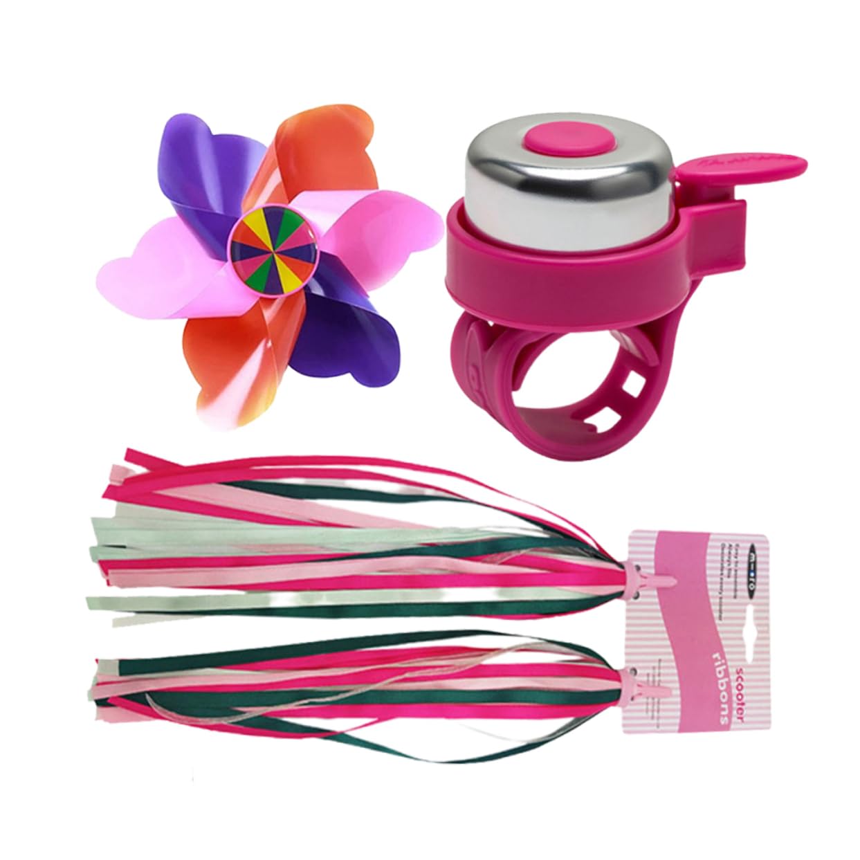 BCOATH 3Pcs Pink Bike Accessories Set for Handlebar Streamers Bell and Windmill Fun Scooter Decorations for Boys and Tassels for Unique Cruiser Bikes
