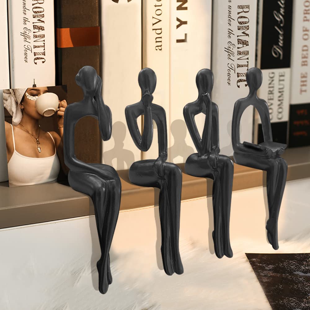 Lot de 4 statues de penseur noires pour décoration de la maison - Abstrait assis - Sculpture de bureau - Décoration de table (noir)