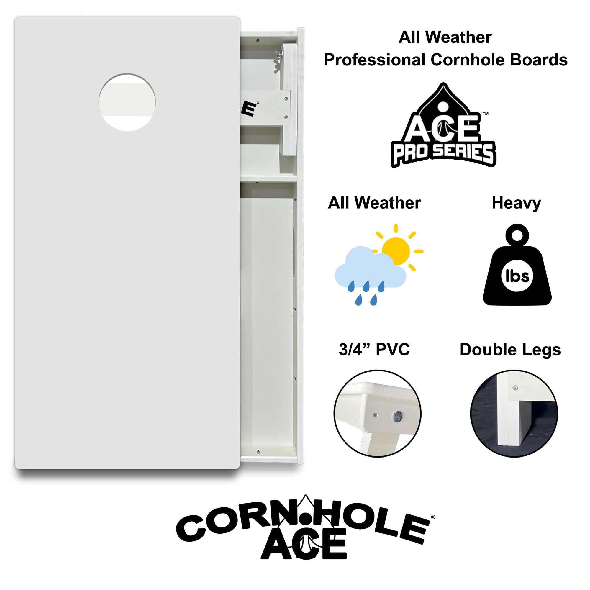 CornholeAce All Weather Professional Cornhole Boards | Plain Not Coated | Made of 3/4 inch PVC, Includes Handles, Official Pro Tournament Style, Waterproof