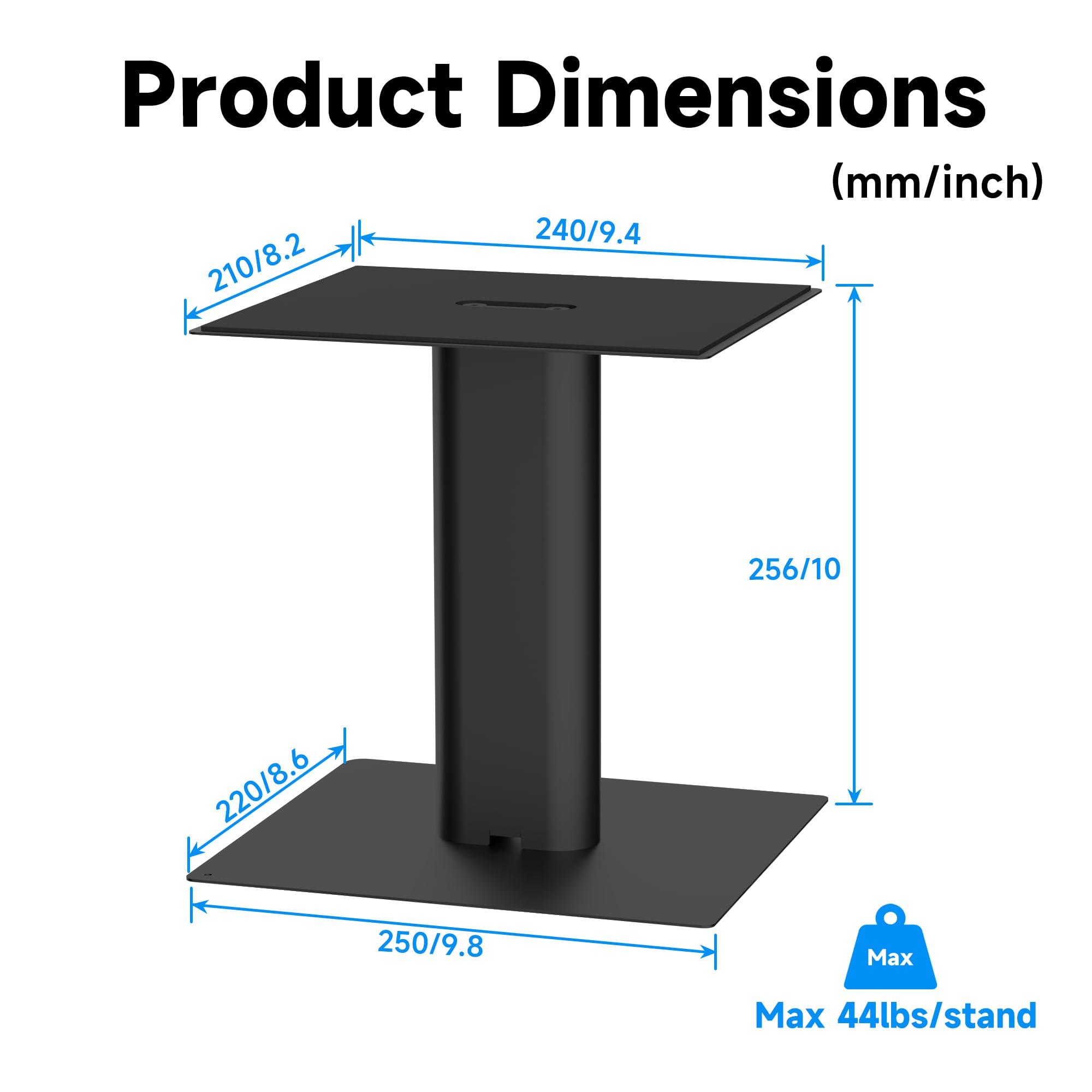 suptek Statyw pod głośnik biurkowy z tacką 21 x 24 cm, wysokość 256 mm, idealny do kina domowego i biura, maks. obciążenie 20 kg, opakowanie 2 szt., czarny SDM003LB