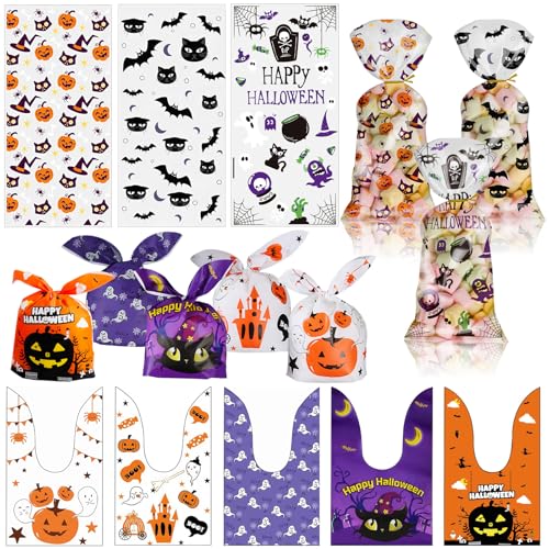 Chisafly ハロウィン 袋 【2種8柄80枚入り・30本リボン付き】 お菓子 小分け袋 プレゼント ギフトバッグ キャンディバッグ ハロウィンキャラクター プレゼント 包装