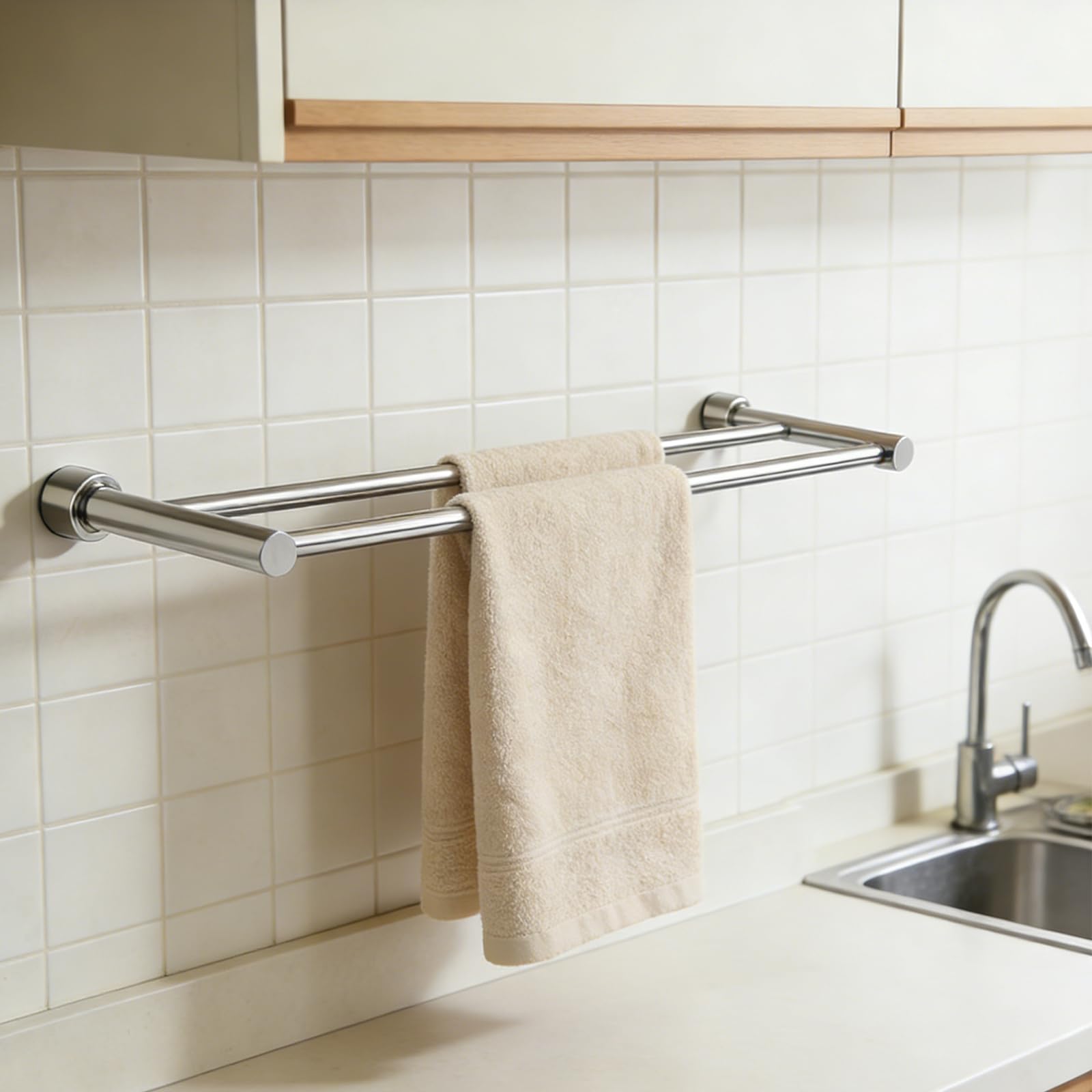 Toalleros de Baño con Taladro, Toallero de Baño Doble de Acero Inoxidable 304 Cepillado, Barra de Dos Brazos, Instalación de Taladro, Toallero para Pared de Ducha, Baño, Cocina - 80 cm, Plata
