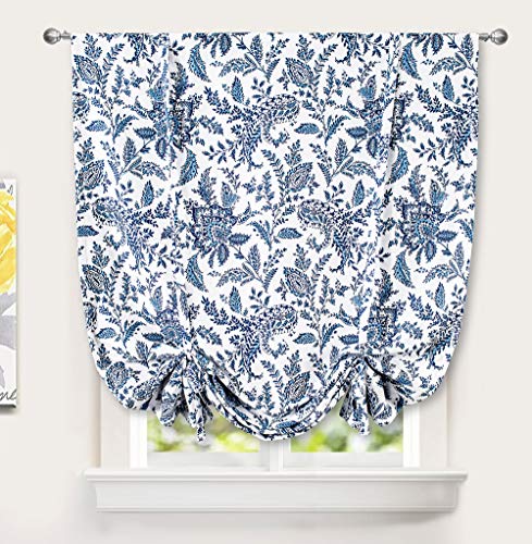 DriftAway Isla Paisley Floral Printed Pattern Blackout Room Darkening Thermal Insulated Tie Up Adjustable Balloon Rod Pocket Curtain for Small Window 45 Inch by 63 Inch Navy