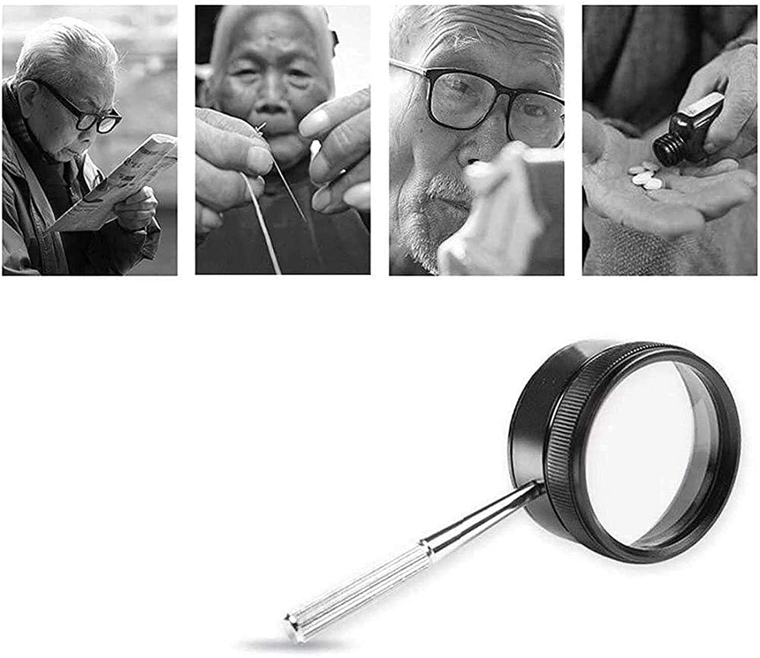 Lupa de Lectura de Doble Lente, Mango antioxidante Negro, Ayuda Visual para Pasatiempos, Lectura, Lupa, Manualidades y Relojes. Lupa de Lectura de Mano.