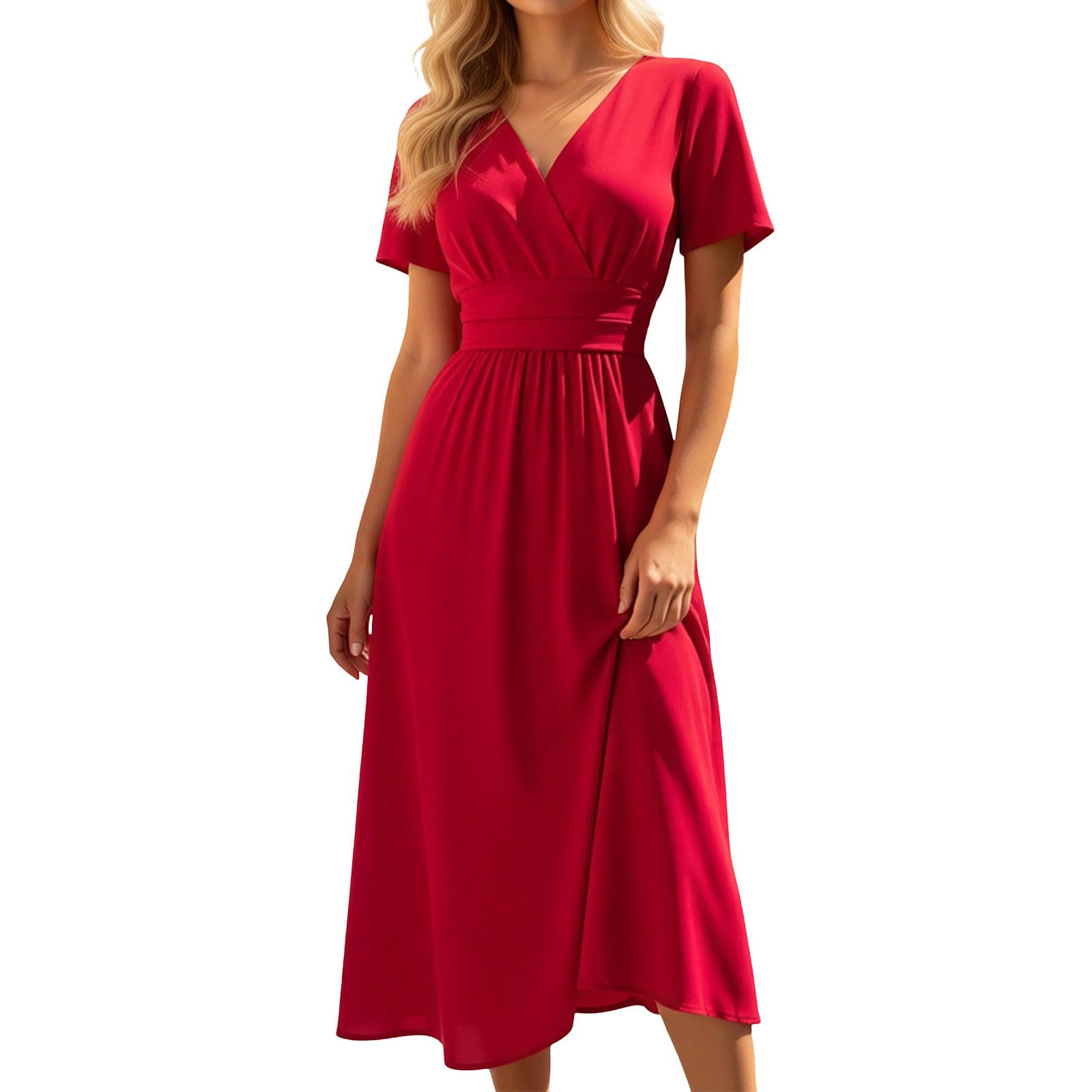 Générique Robe Femme Chic et Elegant Col en V Taille Haute ete Robe Longue D'Été Plissée Manches Papillon Fente Latérale Froncée Empire Robes pour Soirée Mariage Fête