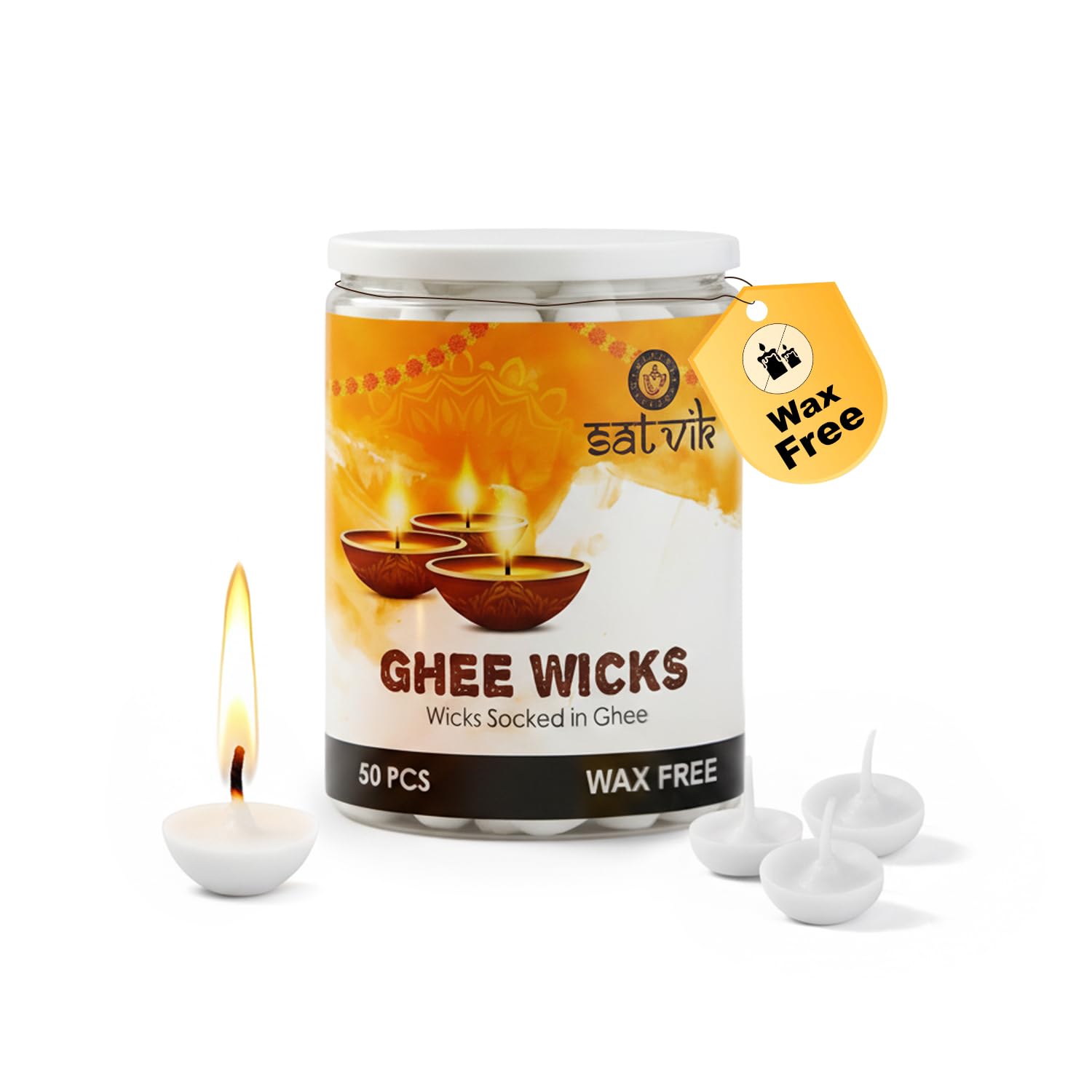 SATVIK Pack of 50 Pure Ghee Wicks for Puja | Ready-to-Use Diya Batti | 30-Min Burn Time | Wax-Free Cotton Wicks | Ideal for Pooja, Meditation, Diwali, and Housewarming Gifts