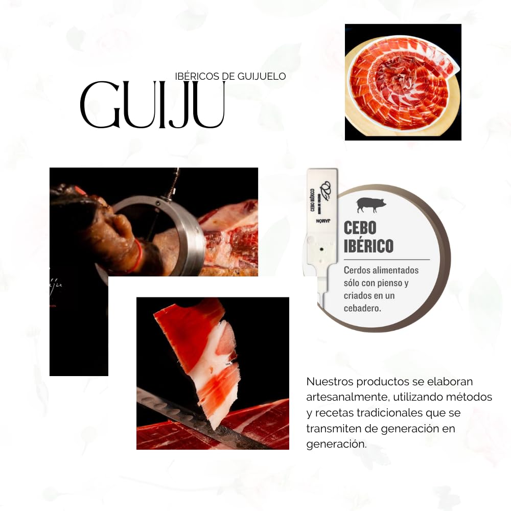 JAMON IBÉRIQUE D'appât -10 PLATS COUPE À COUTEAU DE 100 GR-LONCHÉ-50% RACE IBÉRIQUE.GUIJU.SALAMANQUE. FABRIQUE DE GUIJEULO, SALAMANQUE.