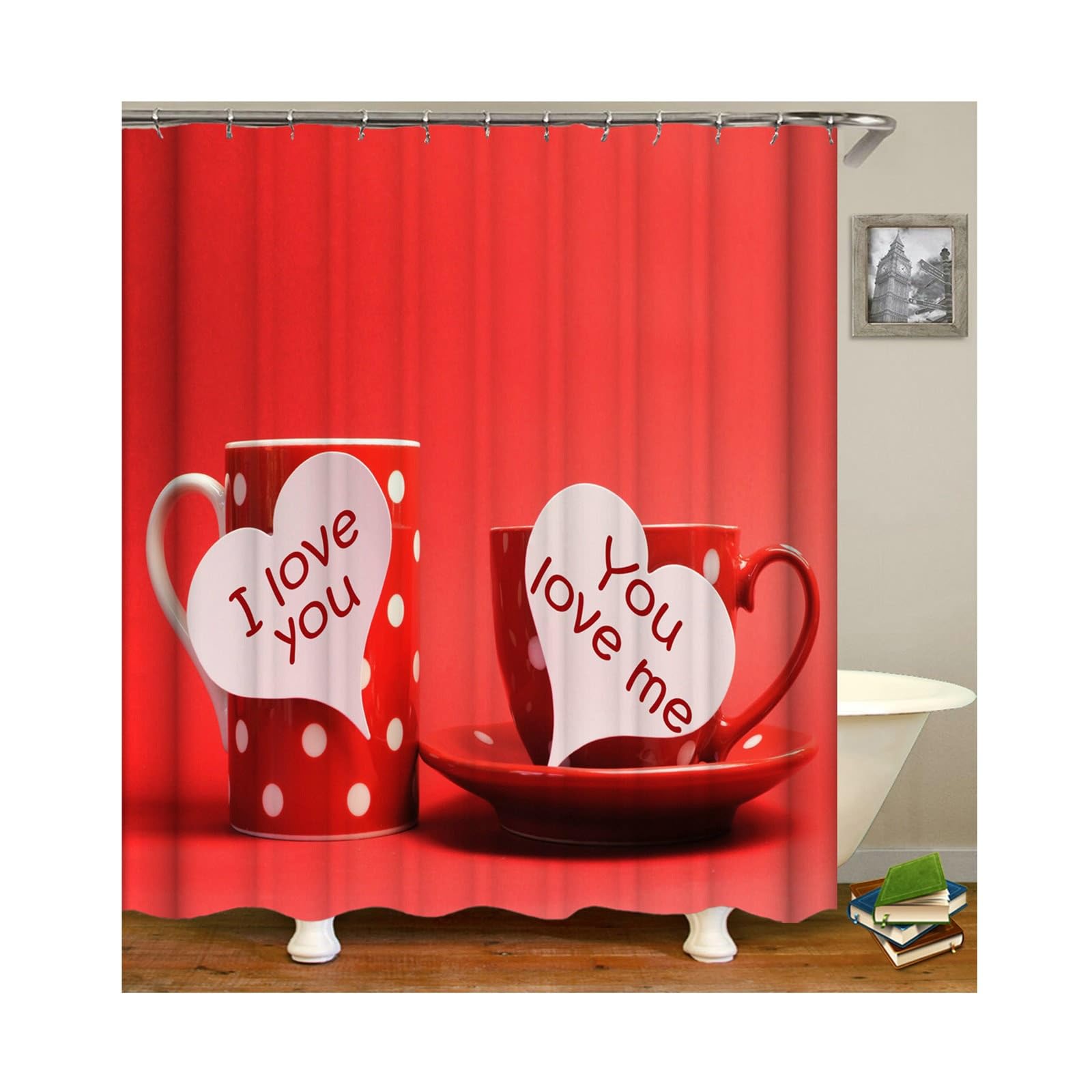 Rideau de douche rouge I Love You en polyester pour une salle de bain romantique