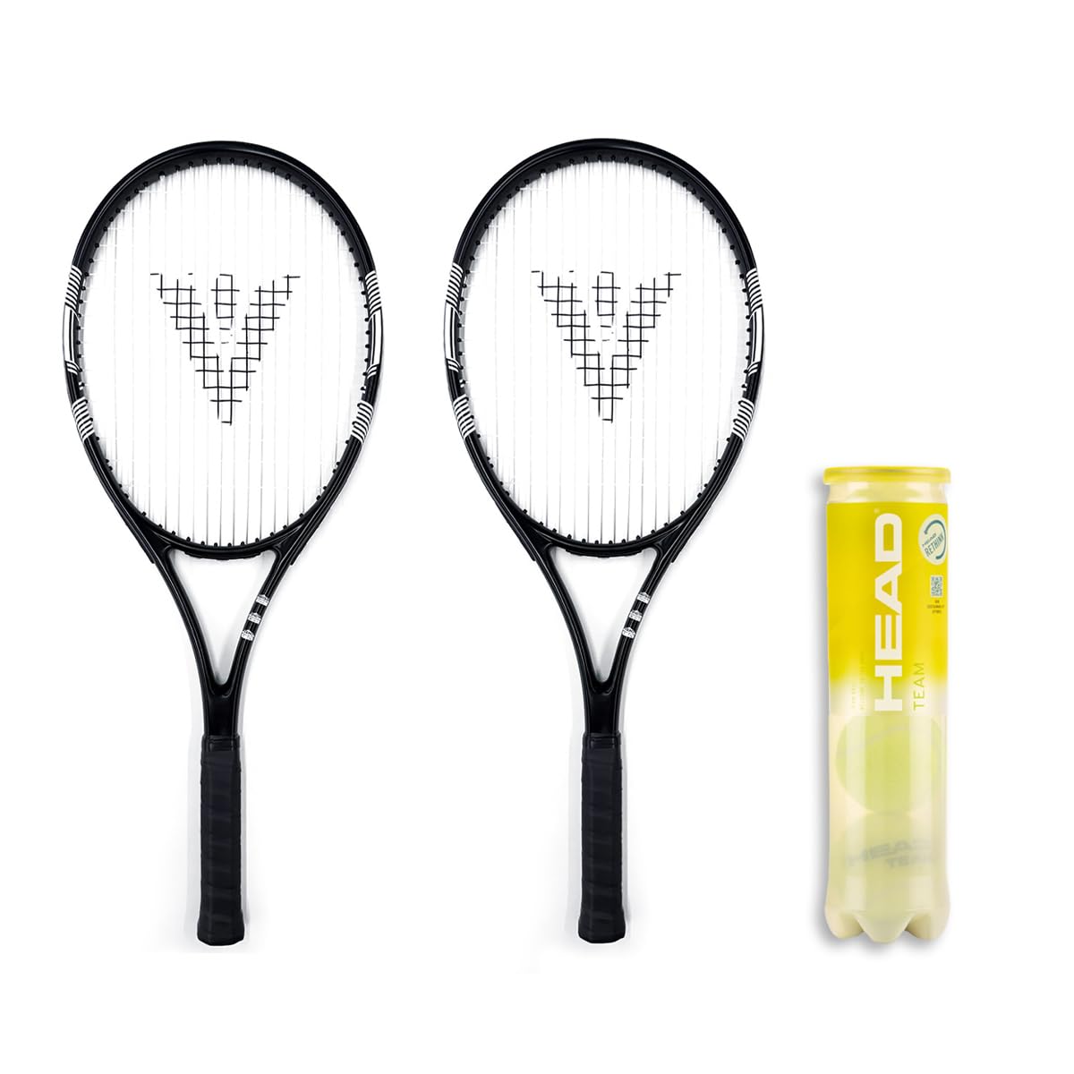 Vollint 2 Player Tennis Set - Includes 2 VT-Ace Aluminium Rackets and Tube of 4 ITF Approved Sweatband.com Head Team Pressurised Balls - Beginner-Friendly Bundle for Recreational and Casual Play