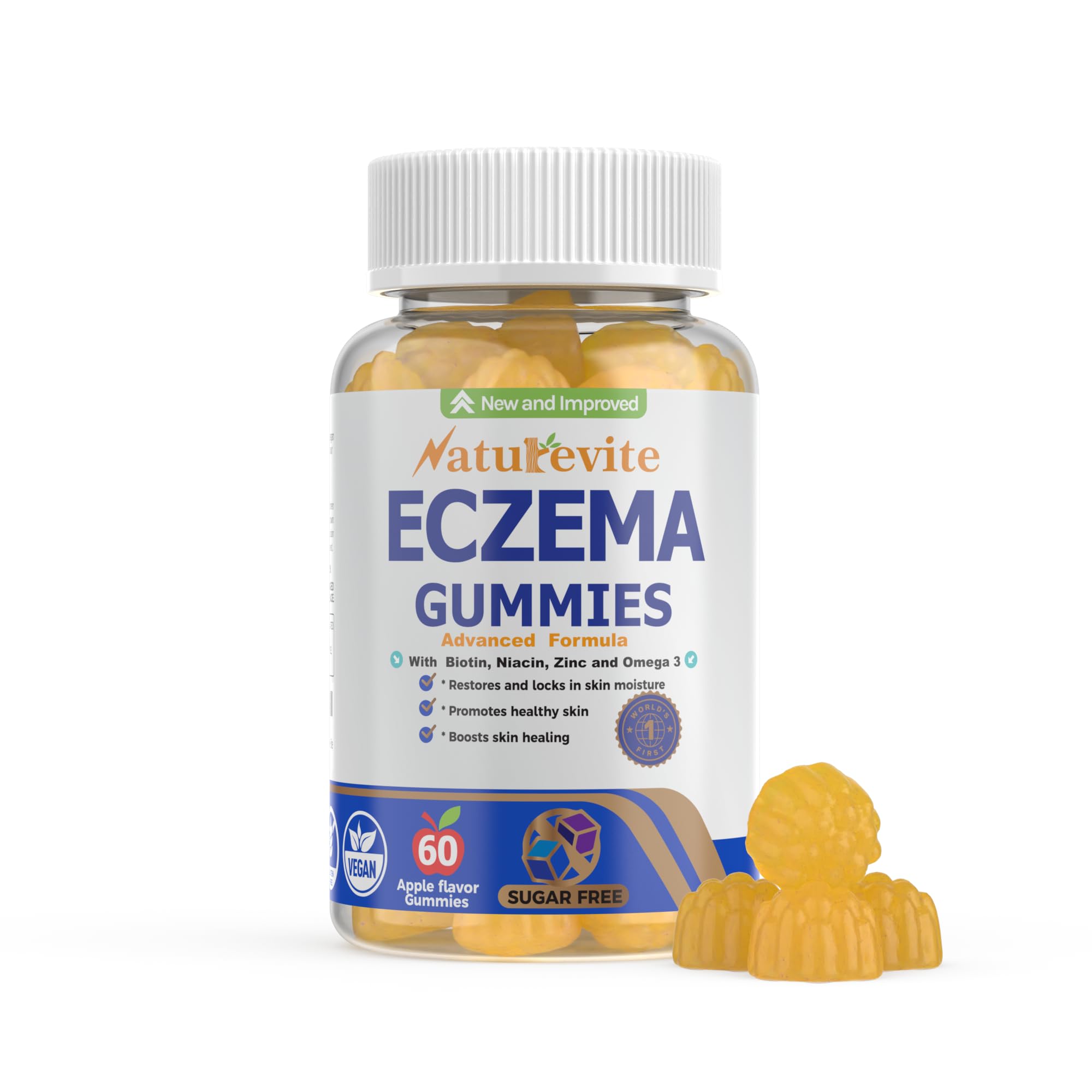 Sugar-Free Eczema Treatment Gummies — USA-Made, 10x Effective, 20+ Vitamins Support Eczema Treat, Psoriasis, Rosacea & Dermatitis — Healthy Skin, Soothes Itching & Redness (60 Gummies)