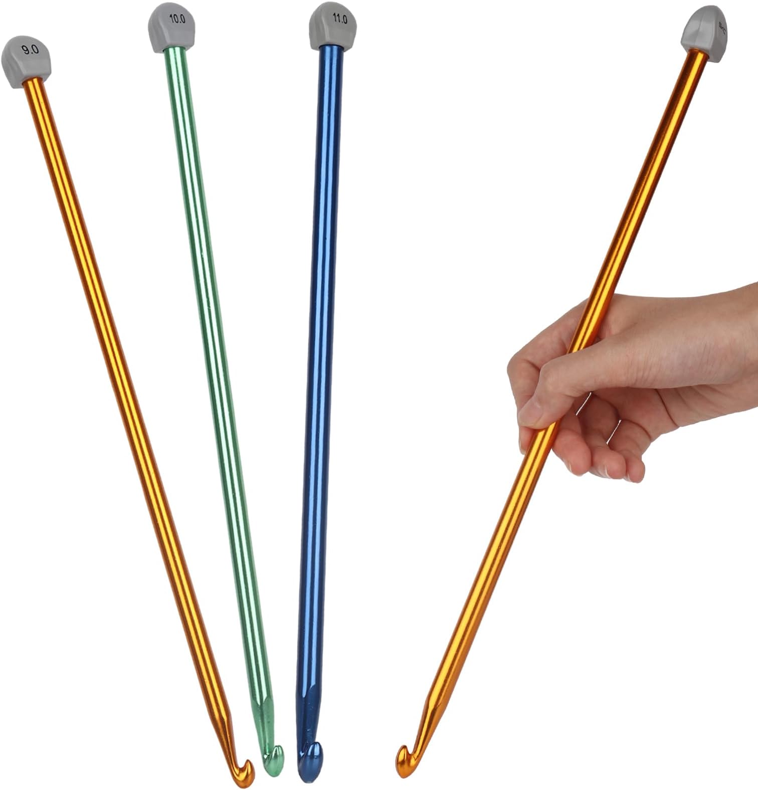Coopay Tunisian Crochet Hook Set - 9mm 10mm 11mm Large Hooks, 3PCS Extra Long 13.8in Metal Afghan Crochet Needles for Crocheting, Great for Beginners