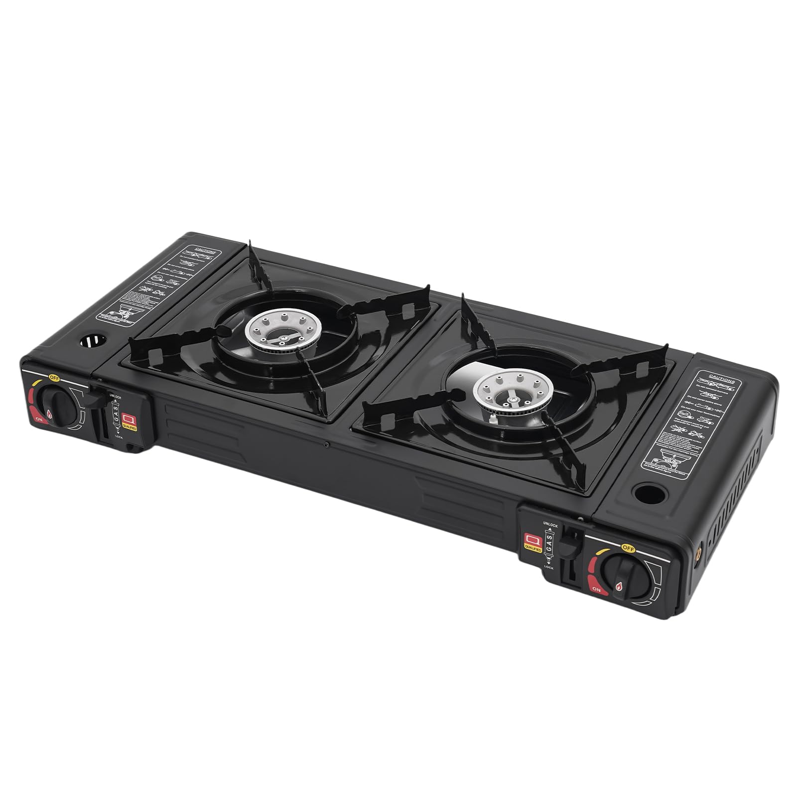 Fornello a gas da campeggio a 2 luci, 2,5 KW, portatile da campeggio con borsa per il trasporto, fornello a doppio gas per esterni e interni (nero)