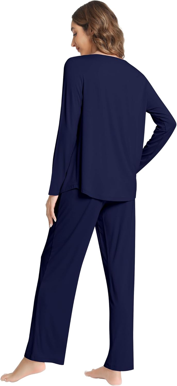 NACHILA Pajamas for Women Long Sleeve Sleepwear Comfy Pants Pajama Set Pleated Pjs with Pocket,Viscose Made from Bamboo - Image 2