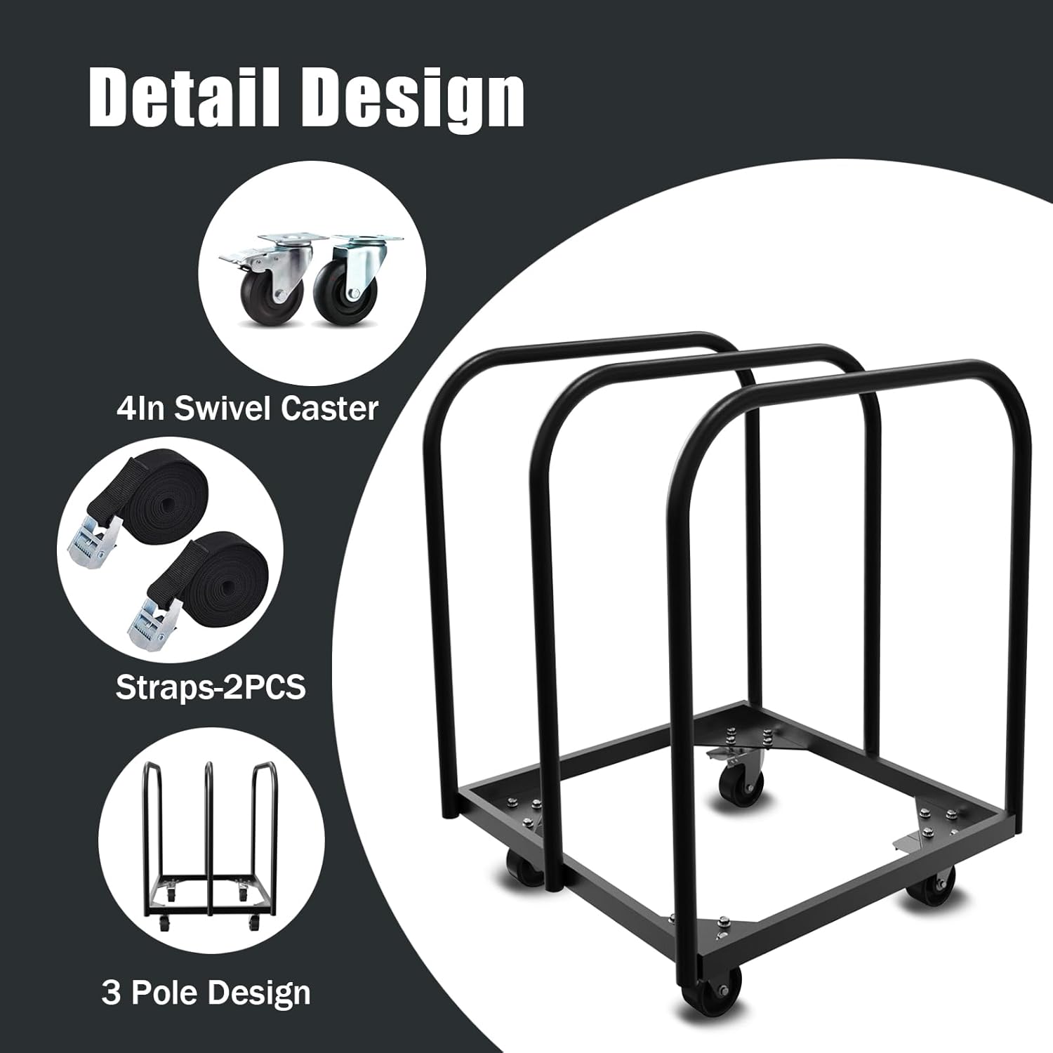3 Pole Folding Table and Chair Cart-Panel Cart with 4Inch Swivel Caster 8PCS Table Storage Capacity Folding Chair&Table Dolly with 2PCS Straps to Store and Move Lumber,Mattress,Plywood,Box