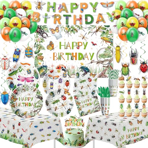 Bug Birthday Decorations, Garden Nature Themed Insect Party Supplies for Birthday Baby Shower, Plate, Cup, Napkin, Tablecloth, Background, Banner, Balloon, Cake Topper, Cutlery, Straw, Serve 24
