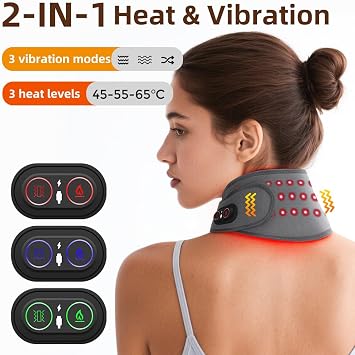 Neck Heating Pad, Cordless Heated Neck Massager with 660nm 850nm Red Light, 3 Levels Heat & Massage Neck Warmer Brace, Gray