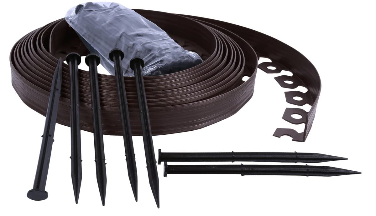 Garden Lawn Edging Plastic Flexible Brown 40 mm - 10m / 32.8 ft with 30 Strong Securing Pegs - Anchor (8 edging - 80 meters)
