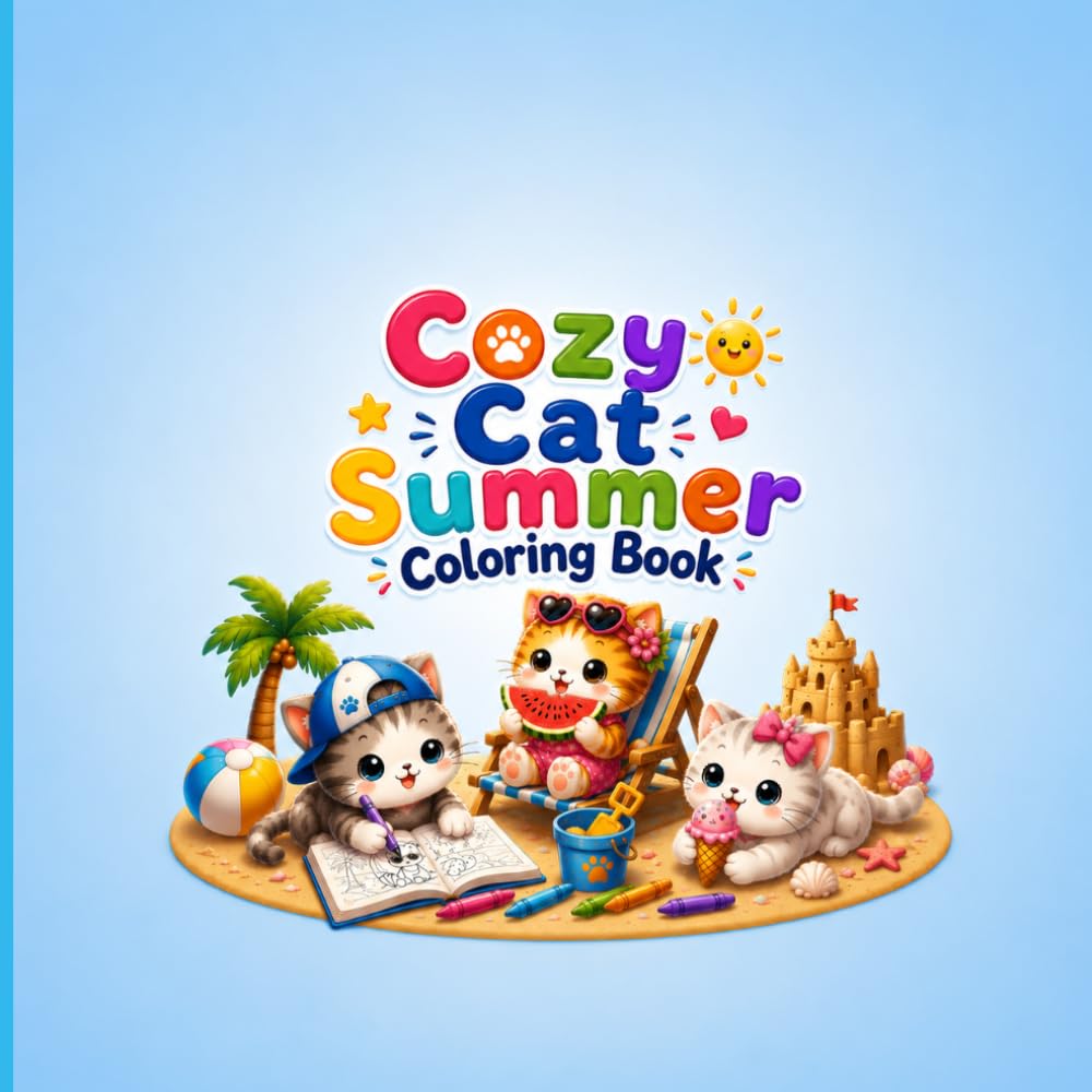 Cozy Cat Summer Coloring Book: Cute & Easy Coloring Pages for Kids | Relaxing, Fun & Creative Summer Activities