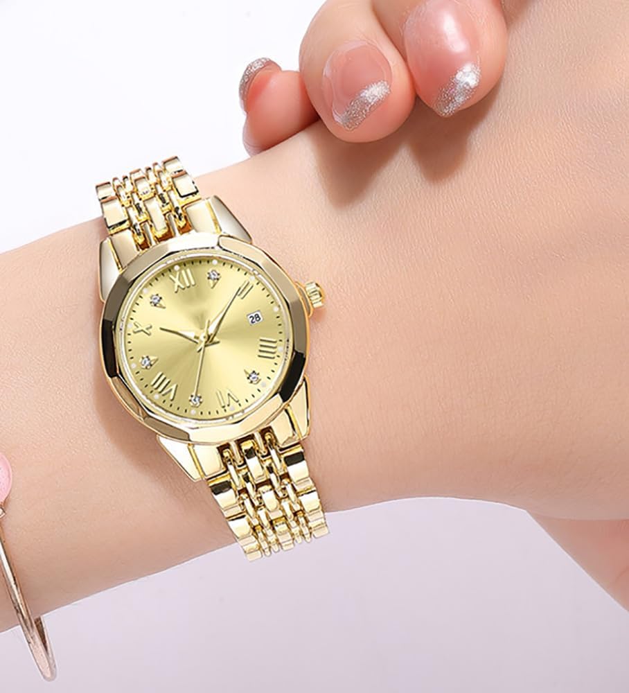Gold Watches for Women Vintage Roman Dial Watch Two Tone Stainless Steel Date Waterproof Watch - Image 2
