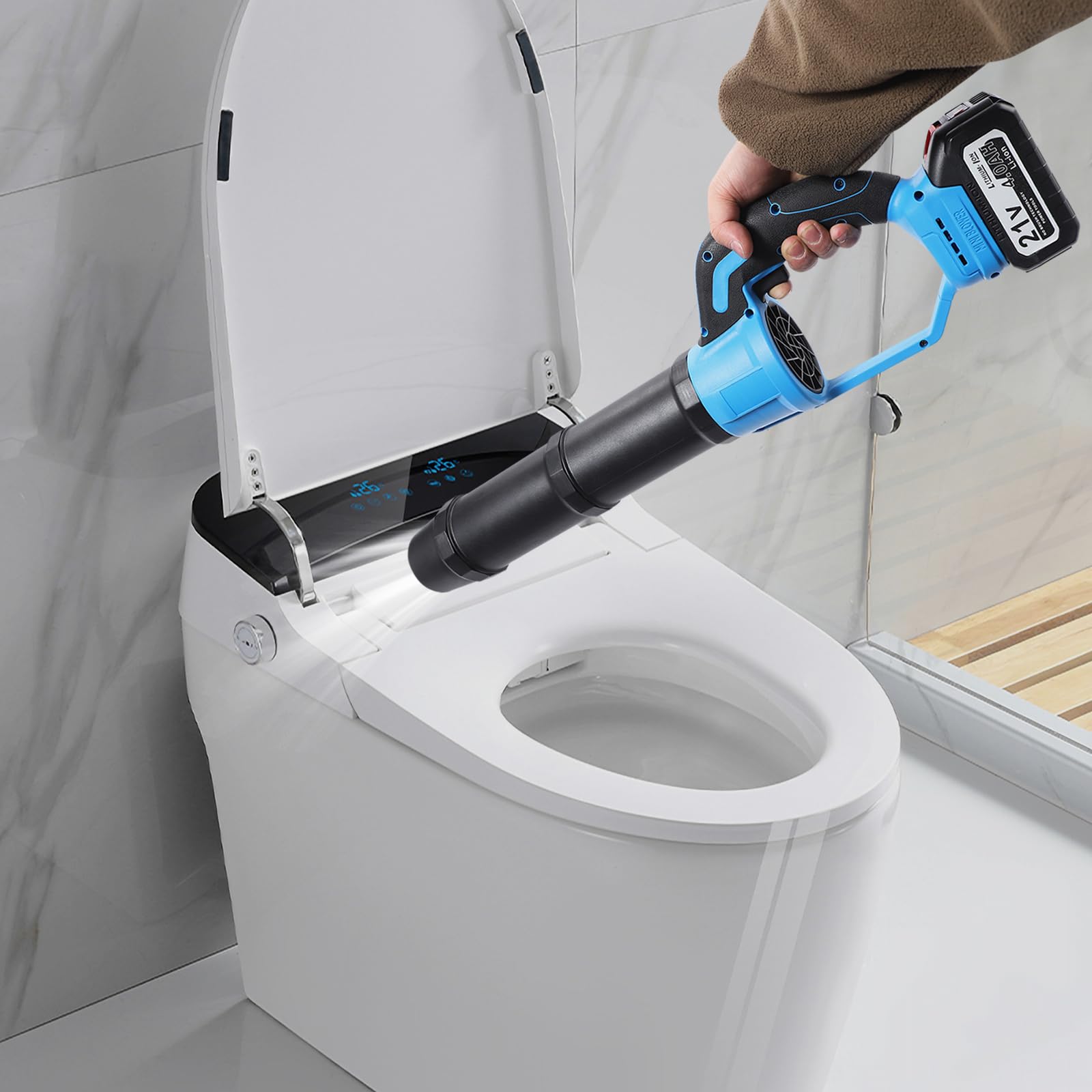 Soffiatore a batteria da 21 V per giardino, cura del prato e pulizia del cortile (blu) | Potente velocità di soffiaggio di 50 m/s, leggero ed ergonomico, con valigetta per il trasporto