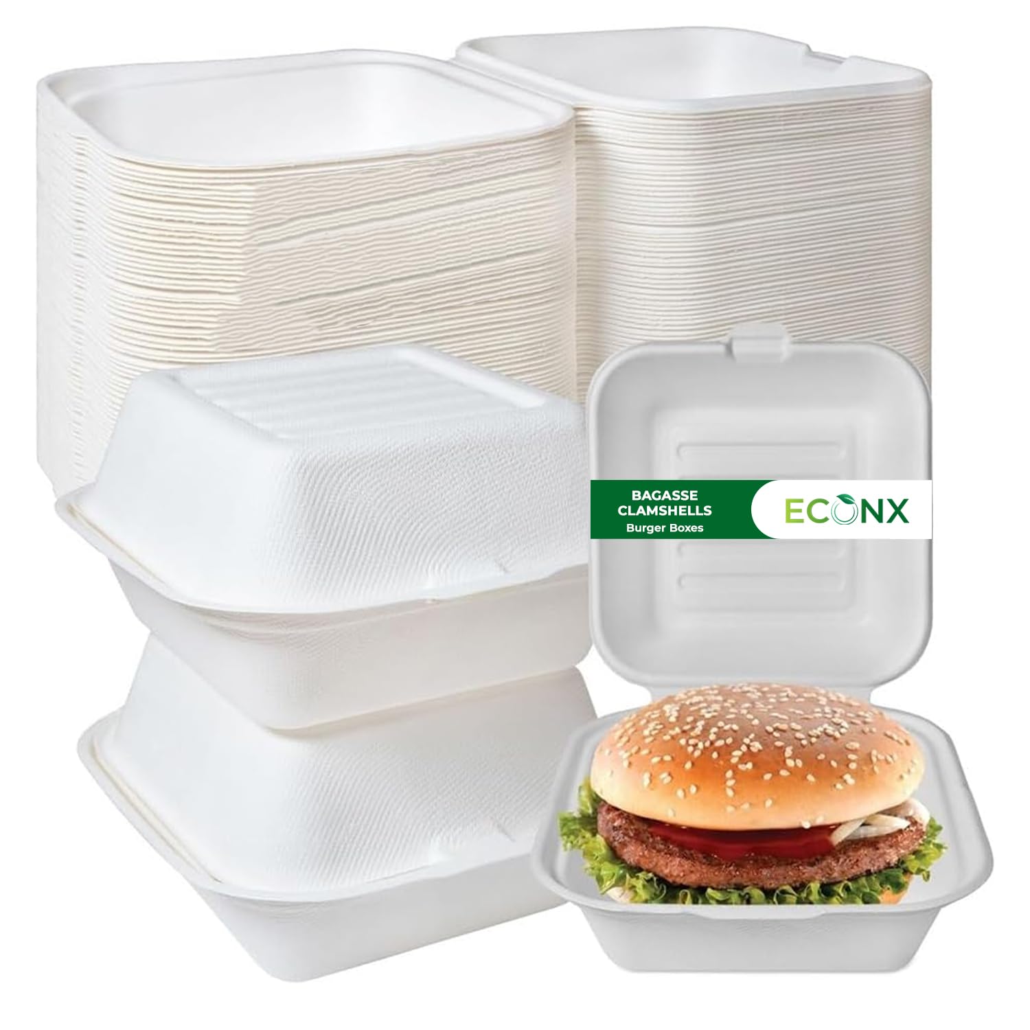ECONX Clamshell Bagasse Takeaway Burger Boxes 450ml 6x6 inch Pack Of 50 For Hot & Cold Food White Biodegradable Compostable & Eco-Friendly Food Boxes Bagasse Takeaway Boxes For Sandwich, Chips, BBQ