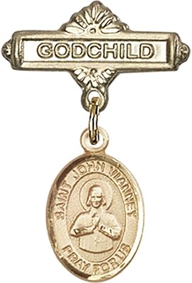 14kt Yellow Gold Baby Badge with St. John Vianney Charm and Godchild Badge Pin 1 X 5/8 inches