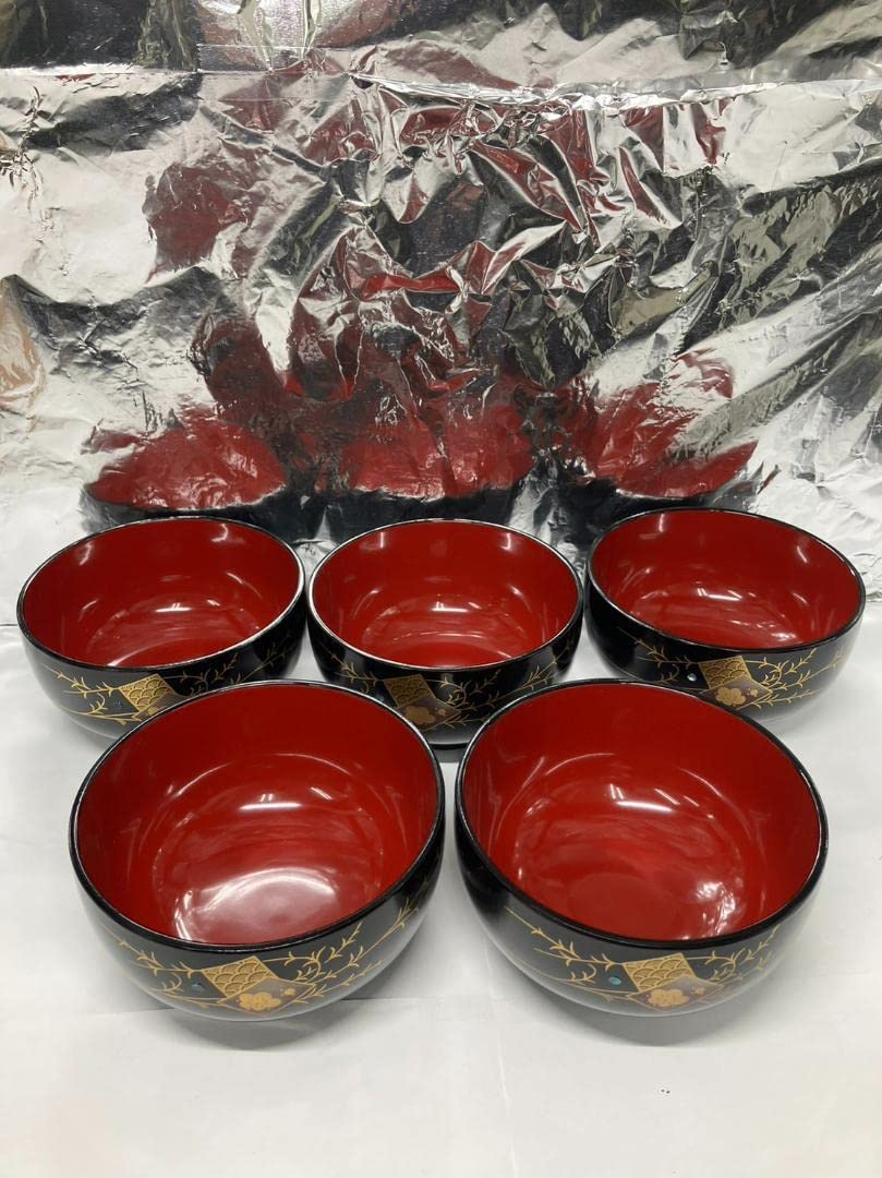 鈴武 会津漆器 紅布着　汁椀 5個セット 未使用品 Amazon.co.jp: 会津塗 お汁椀 5客セット 特選漆器 溜色紙柳布袋椀 最