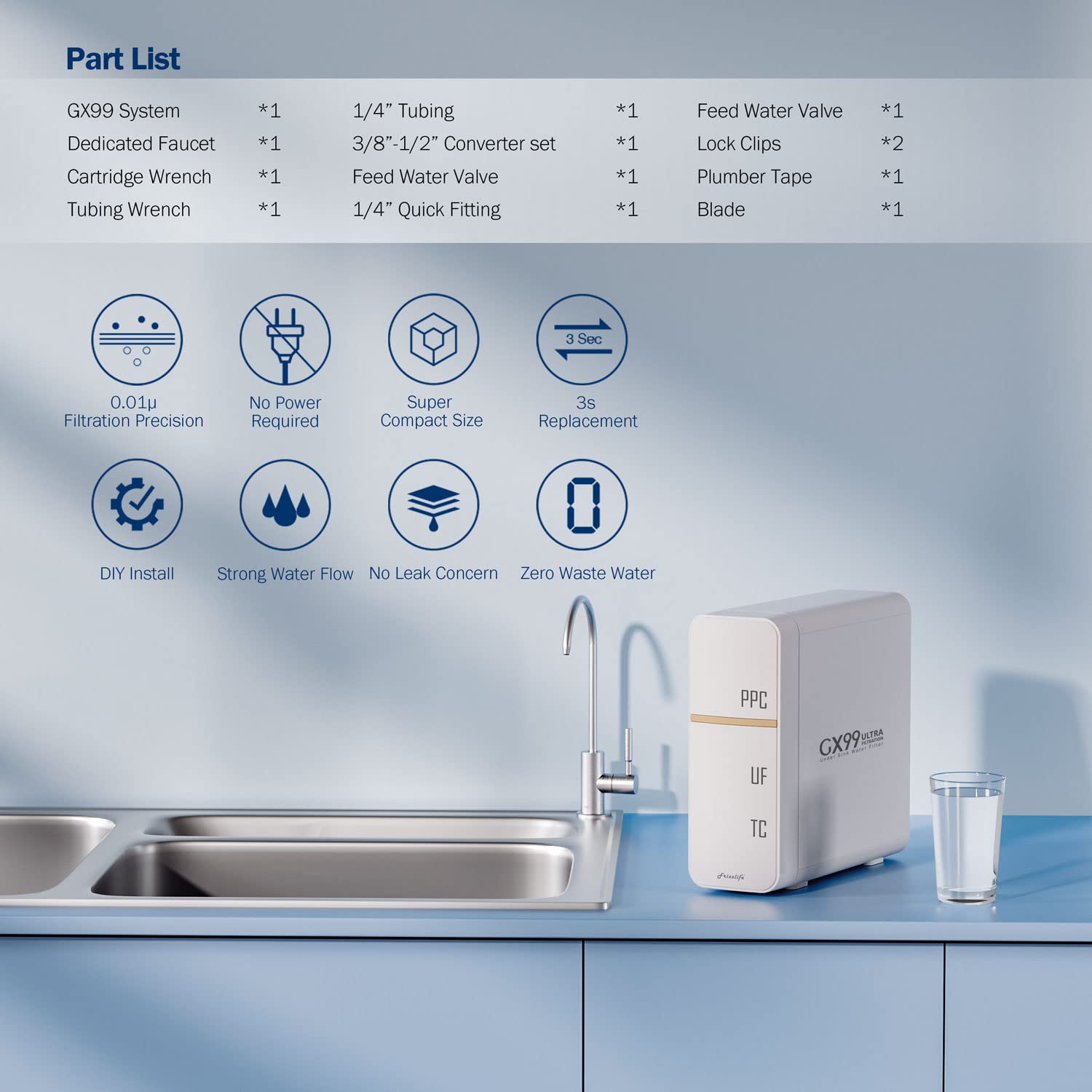 Frizzlife GX99 0.01μm Ultra Filtration Under Sink Water Filter System, Reduce 99.99% Lead, Chlorine, Bad Taste & Odor, with Brushed Nickel Dedicated Faucet, No Waste Water, No Power Required, USA Tech